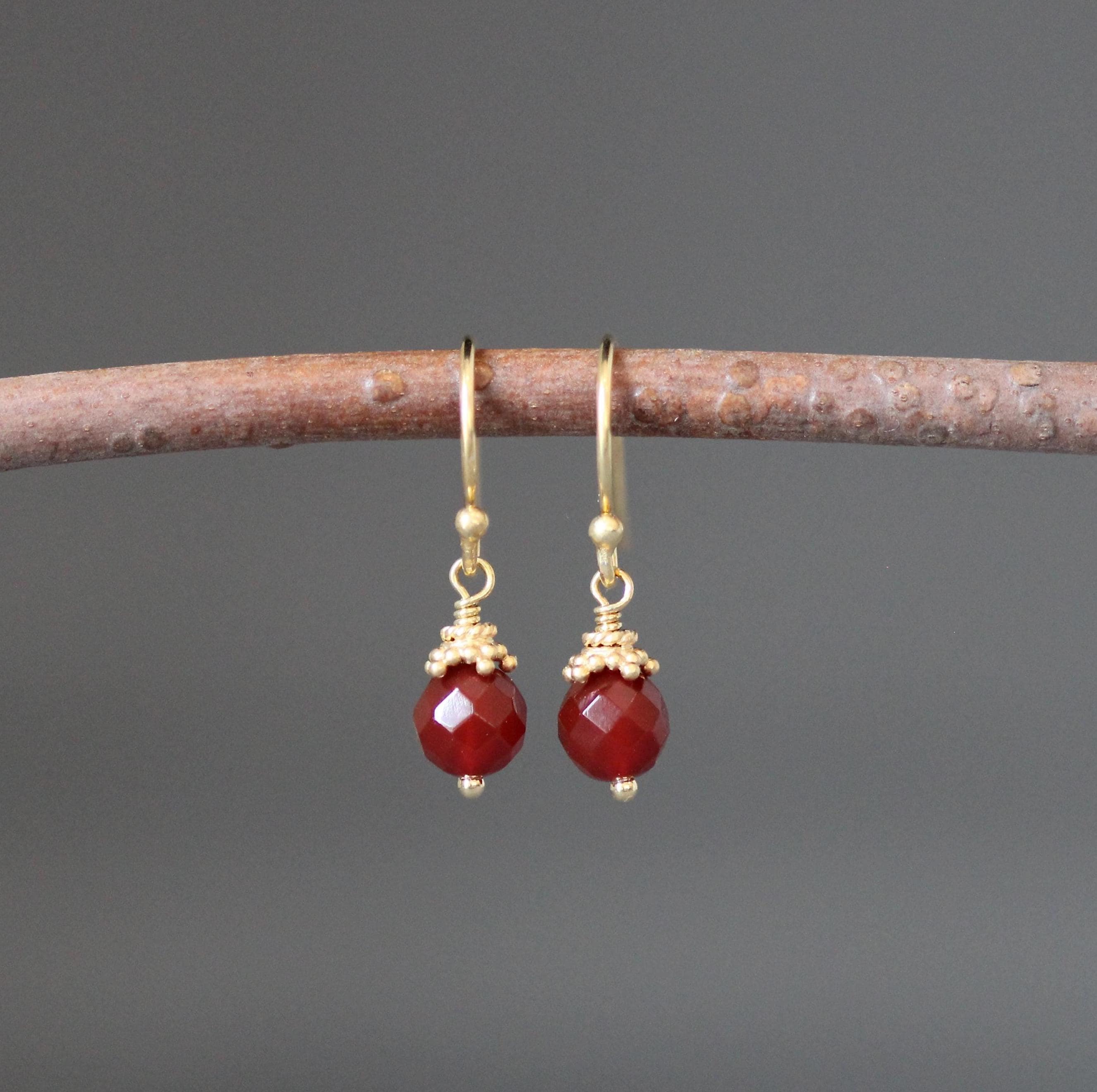 Carnelian Round Stone Dangle Earrings with Gold Vermeil Caps