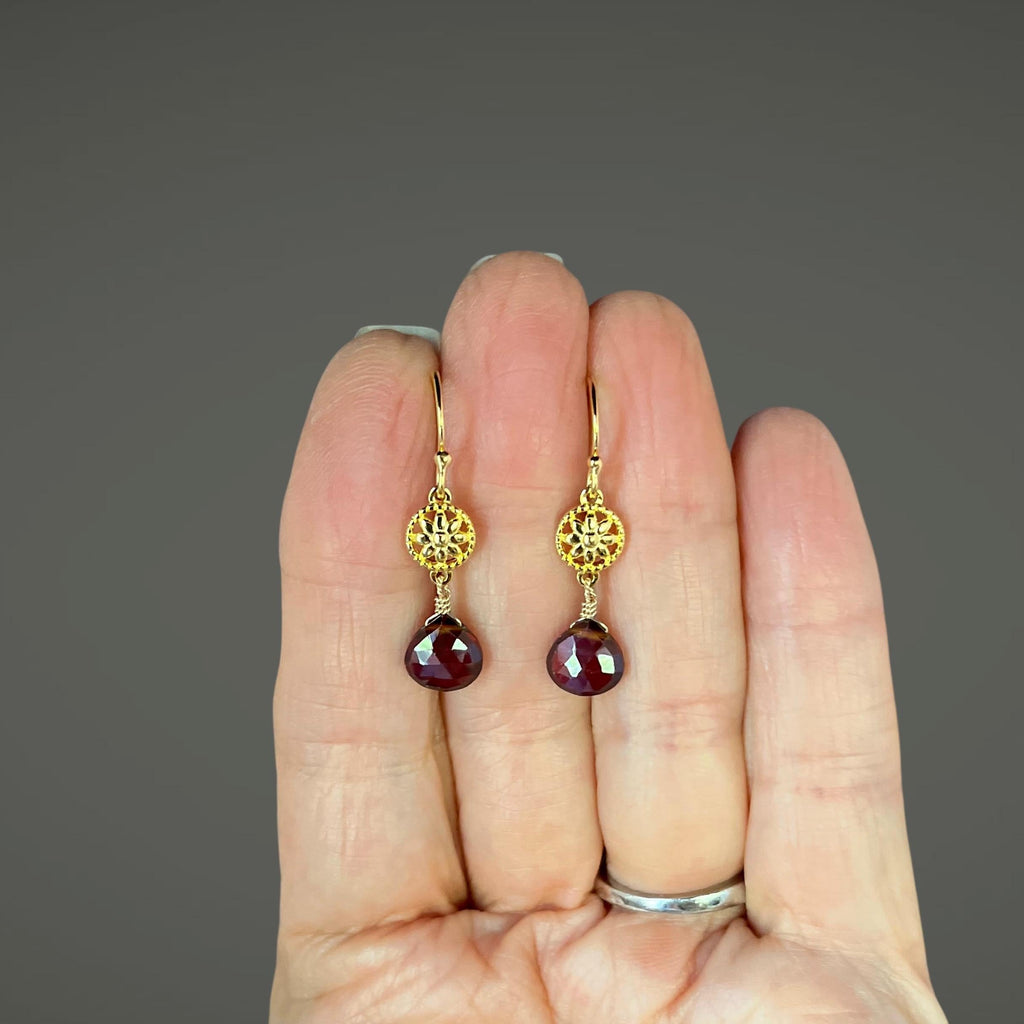 Garnet Quartz Teardrop Dangle Earrings on Gold Vermeil Flower Links