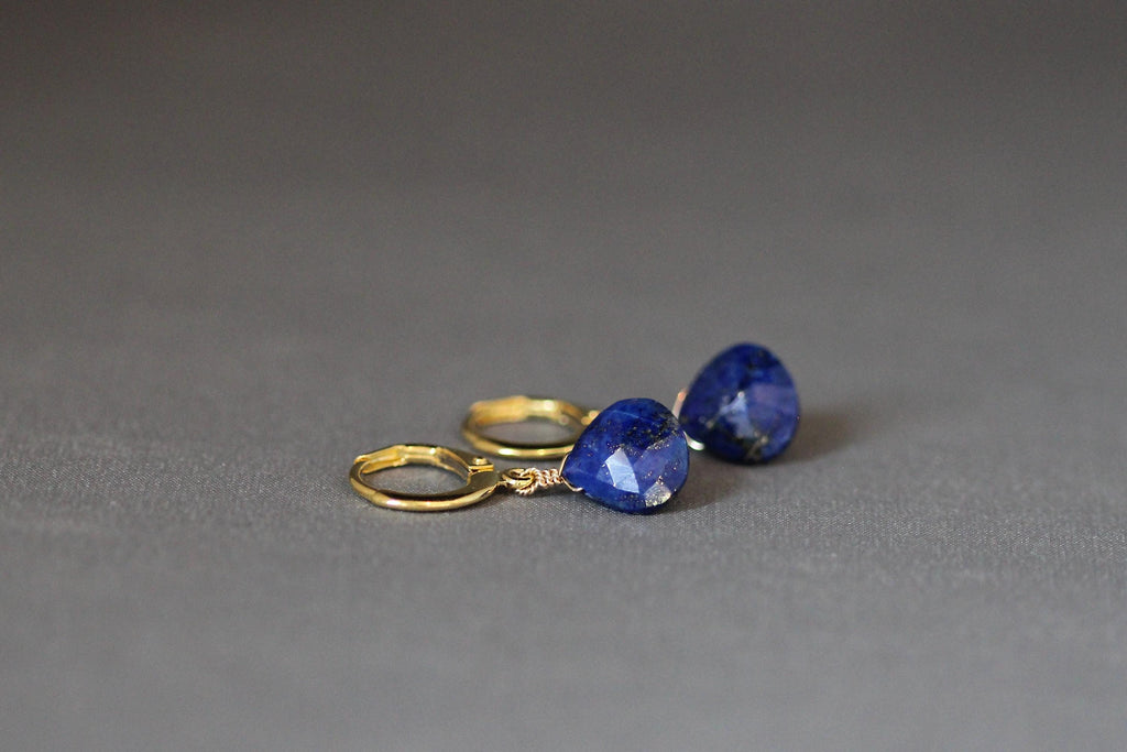 Lapis Lazuli Teardrop Earrings on Gold Vermeil Leverback Huggie Hoops
