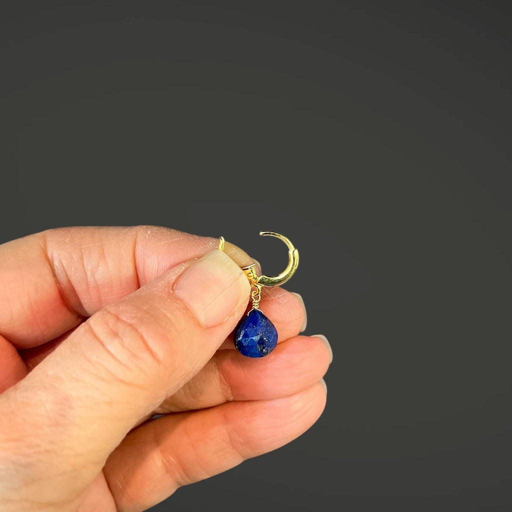 Lapis Lazuli Teardrop Earrings on Gold Vermeil Leverback Huggie Hoops