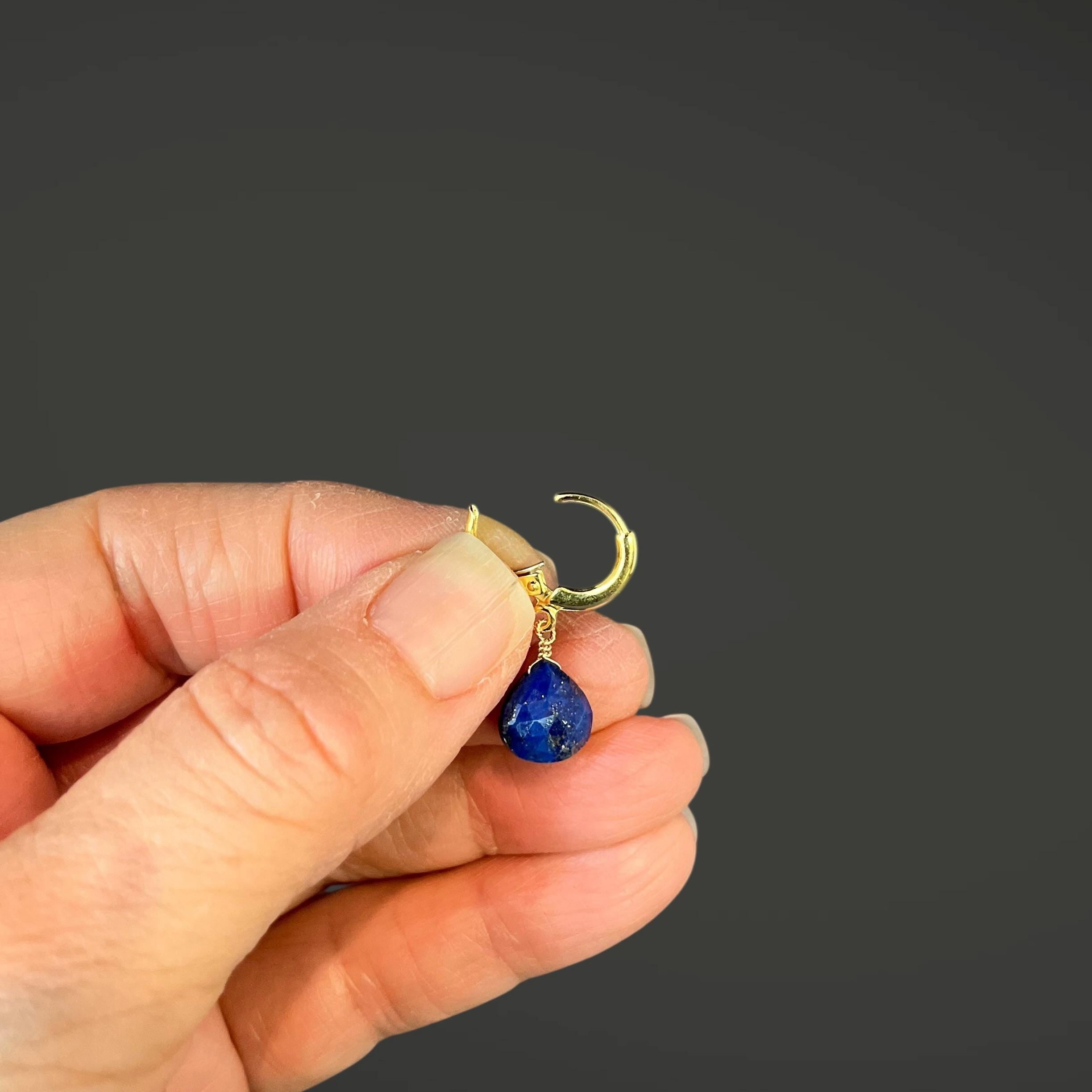 Lapis Lazuli Teardrop Earrings on Gold Vermeil Leverback Huggie Hoops