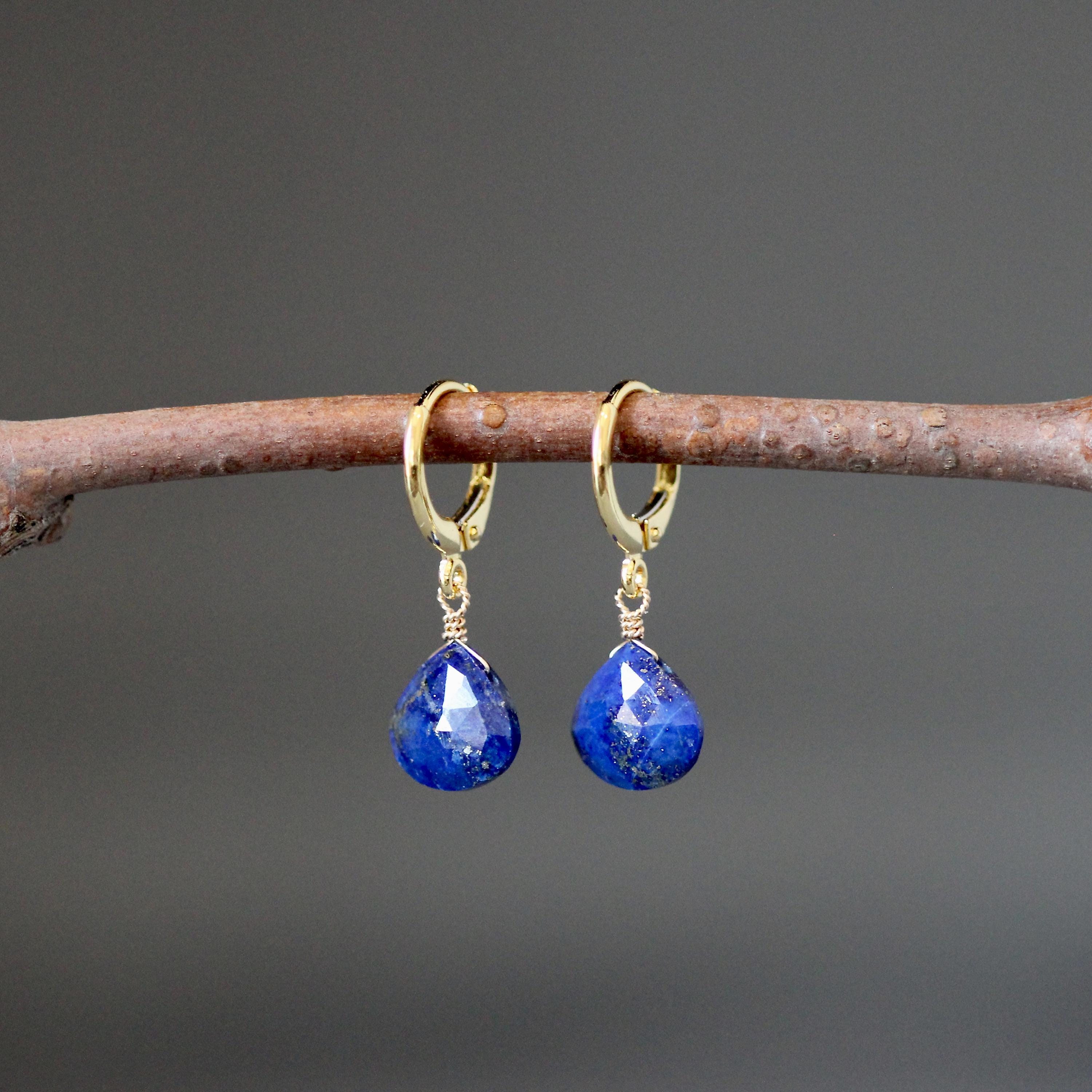 Lapis Lazuli Teardrop Earrings on Gold Vermeil Leverback Huggie Hoops