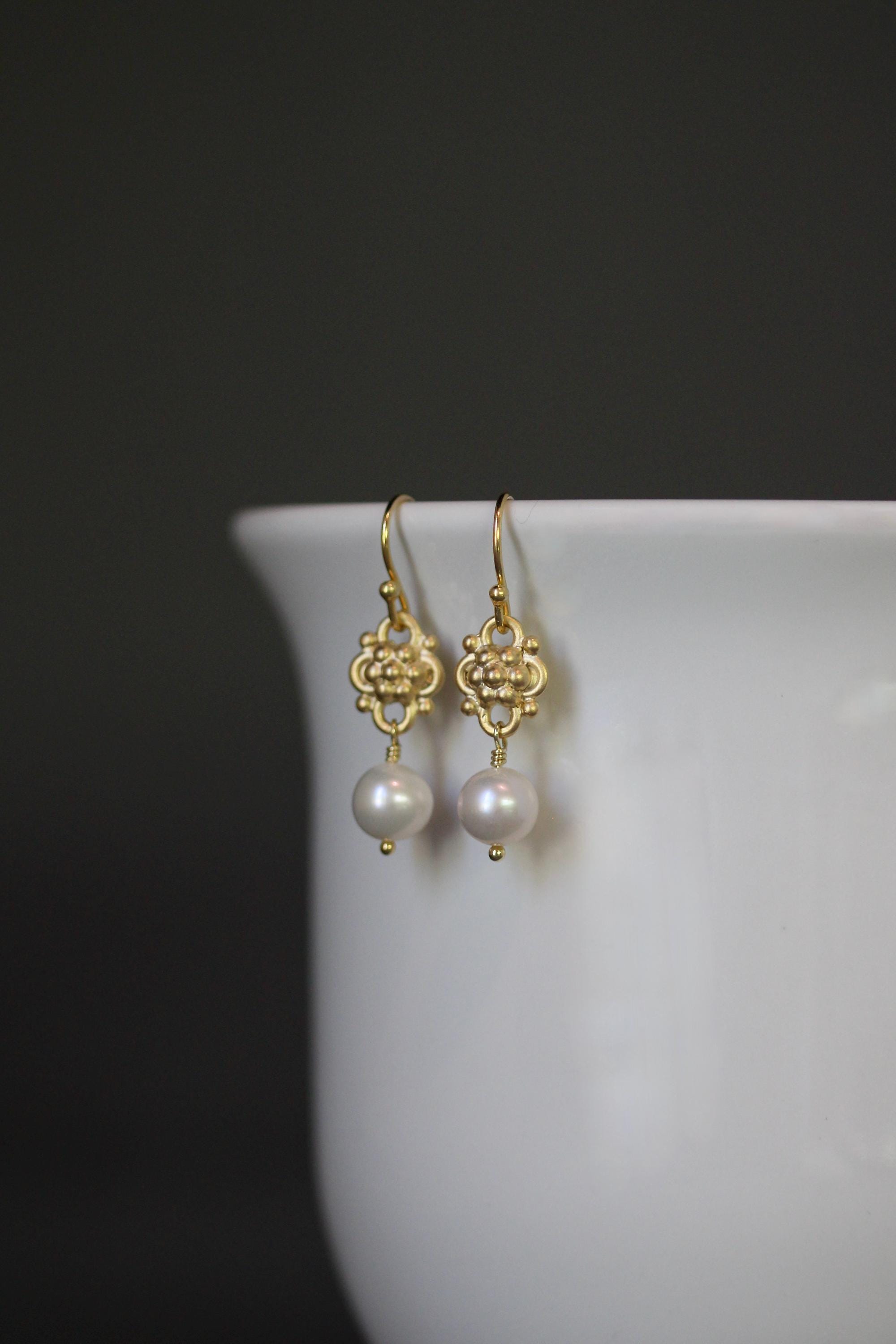 White Freshwater Pearl Earrings on Gold Vermeil Links