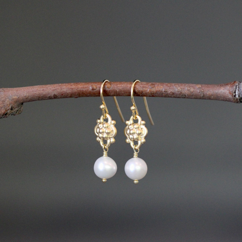 White Freshwater Pearl Earrings on Gold Vermeil Links