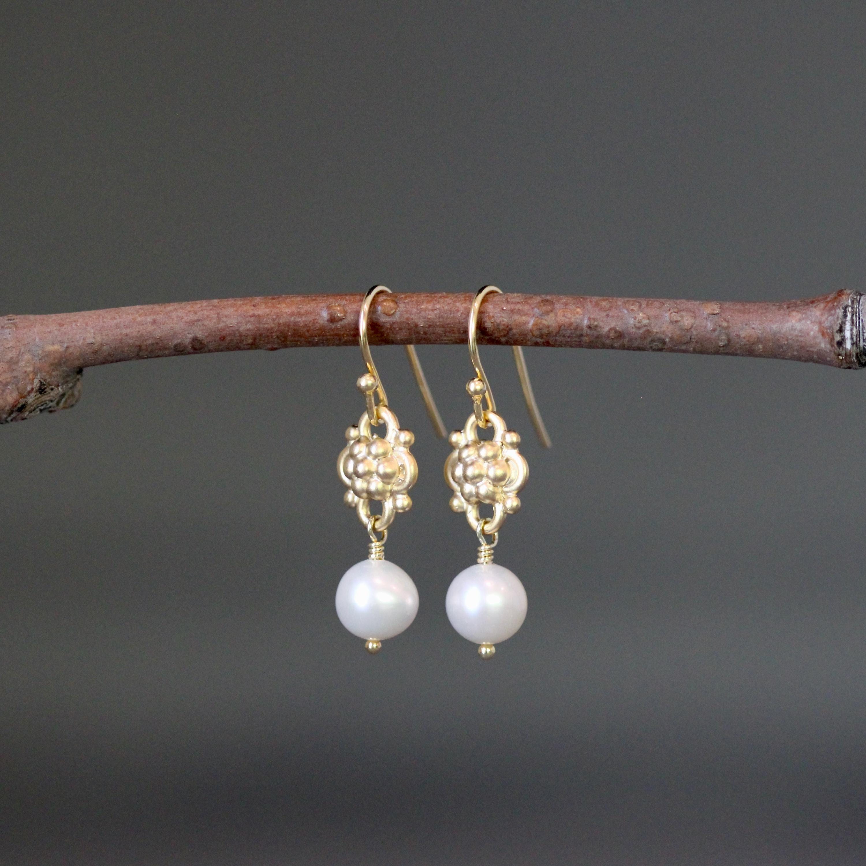 White Freshwater Pearl Earrings on Gold Vermeil Links