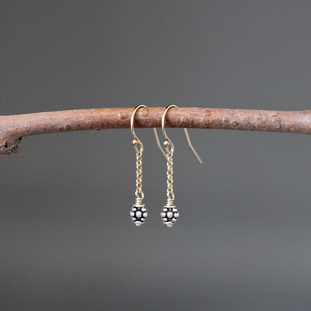 Mixed Metal Necklace and Earring Set with Bali Silver Beads on Gold Filled Chain