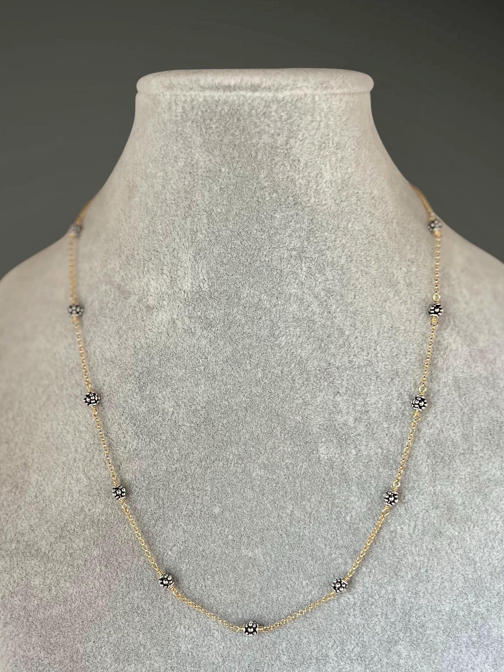Mixed Metal Necklace and Earring Set with Bali Silver Beads on Gold Filled Chain