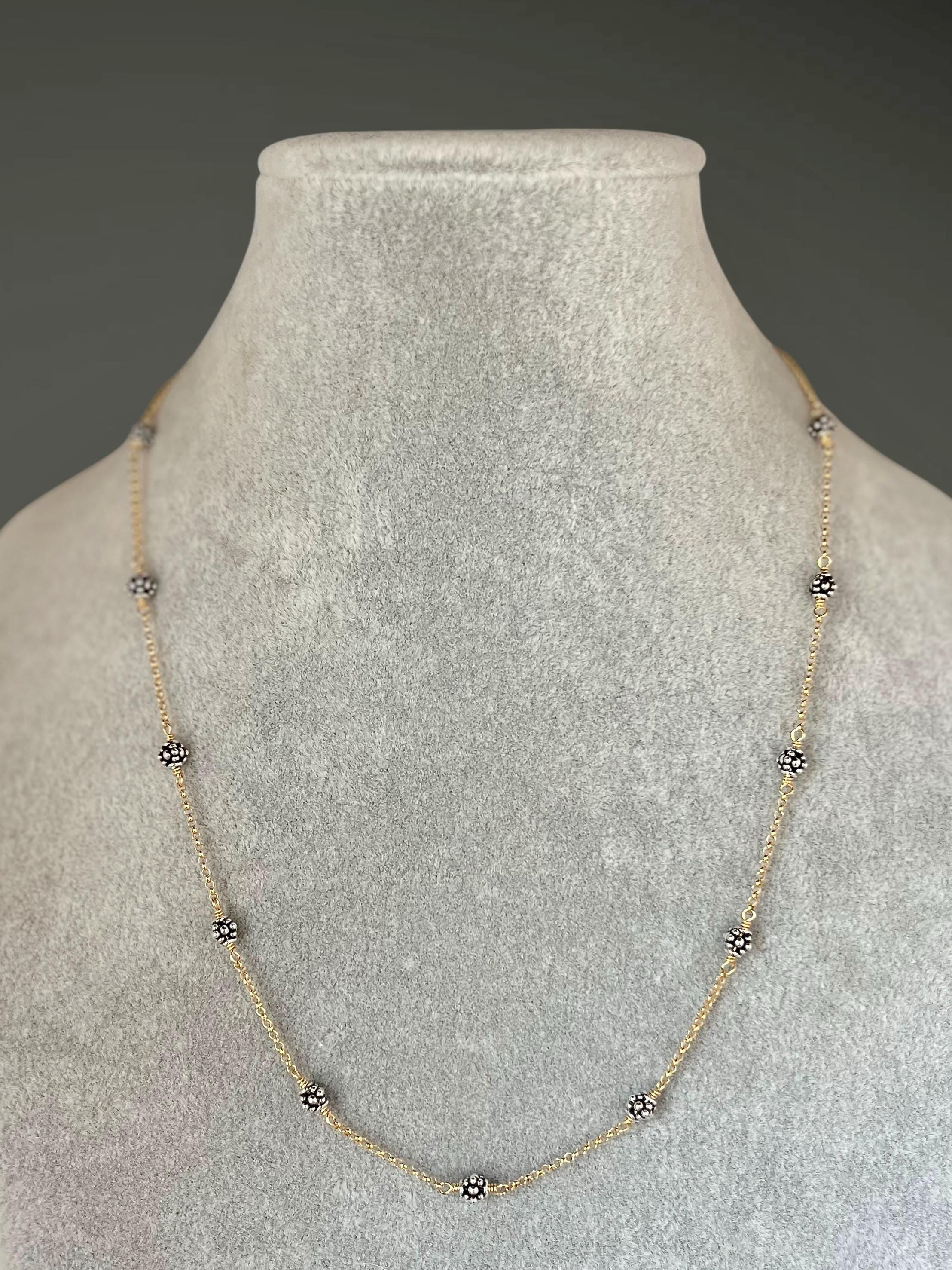 Mixed Metal Necklace and Earring Set with Bali Silver Beads on Gold Filled Chain