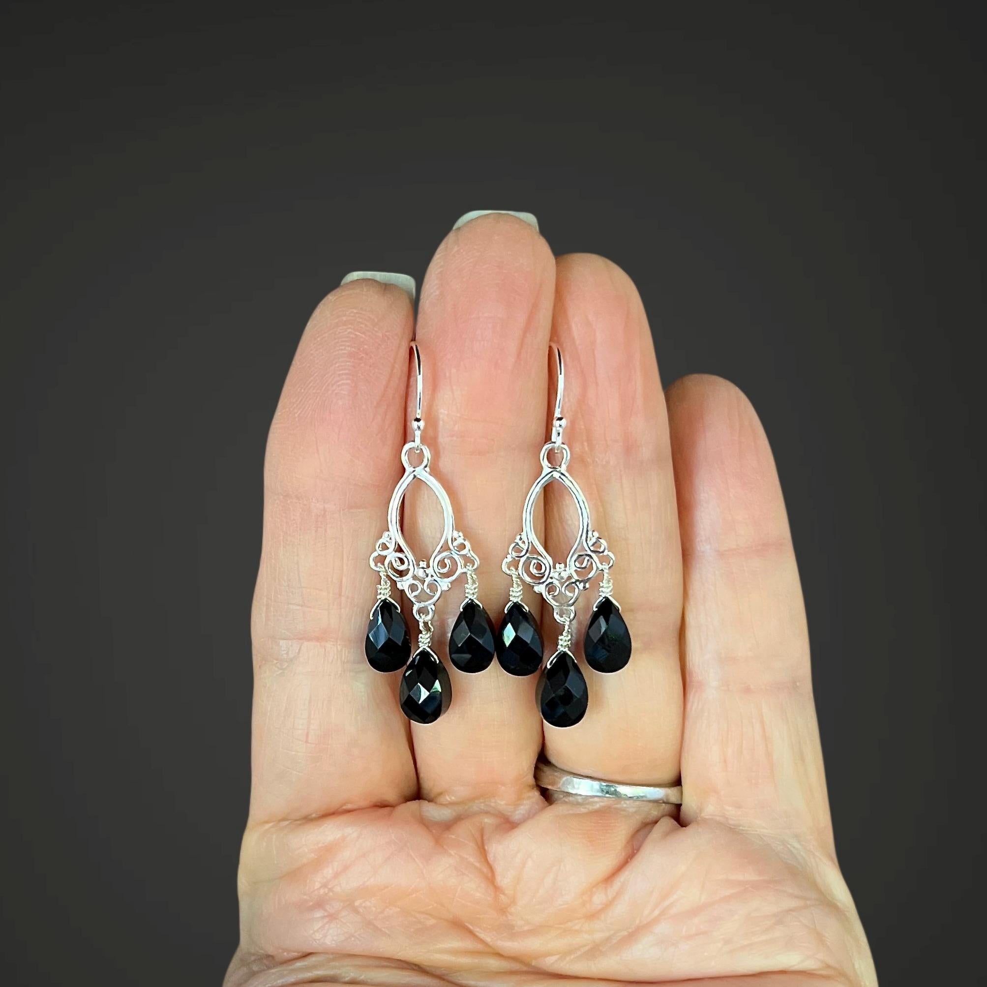 Black Onyx Bali Silver Chandelier Earrings