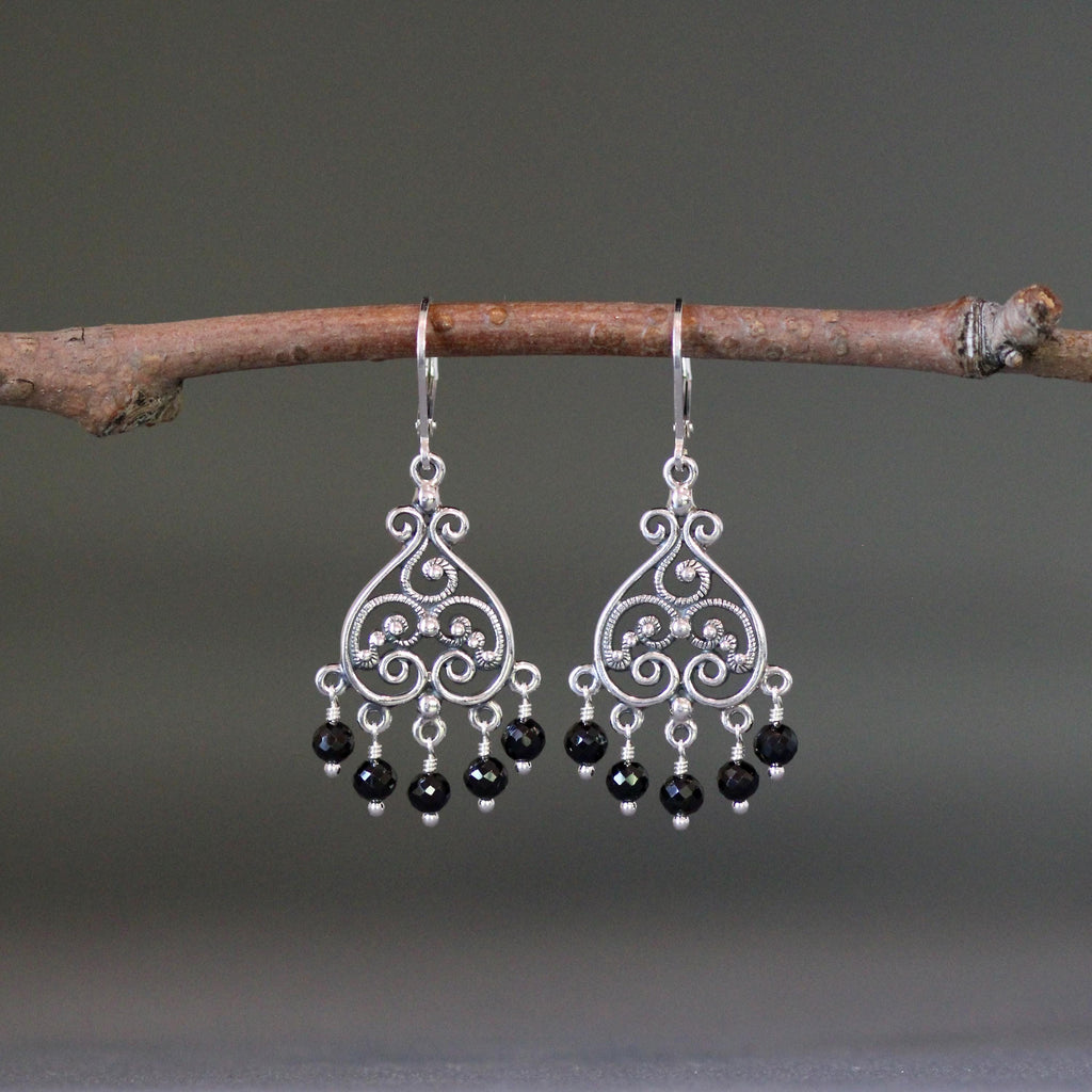 Black Spinel and Bali Silver Filigree Chandelier Earrings