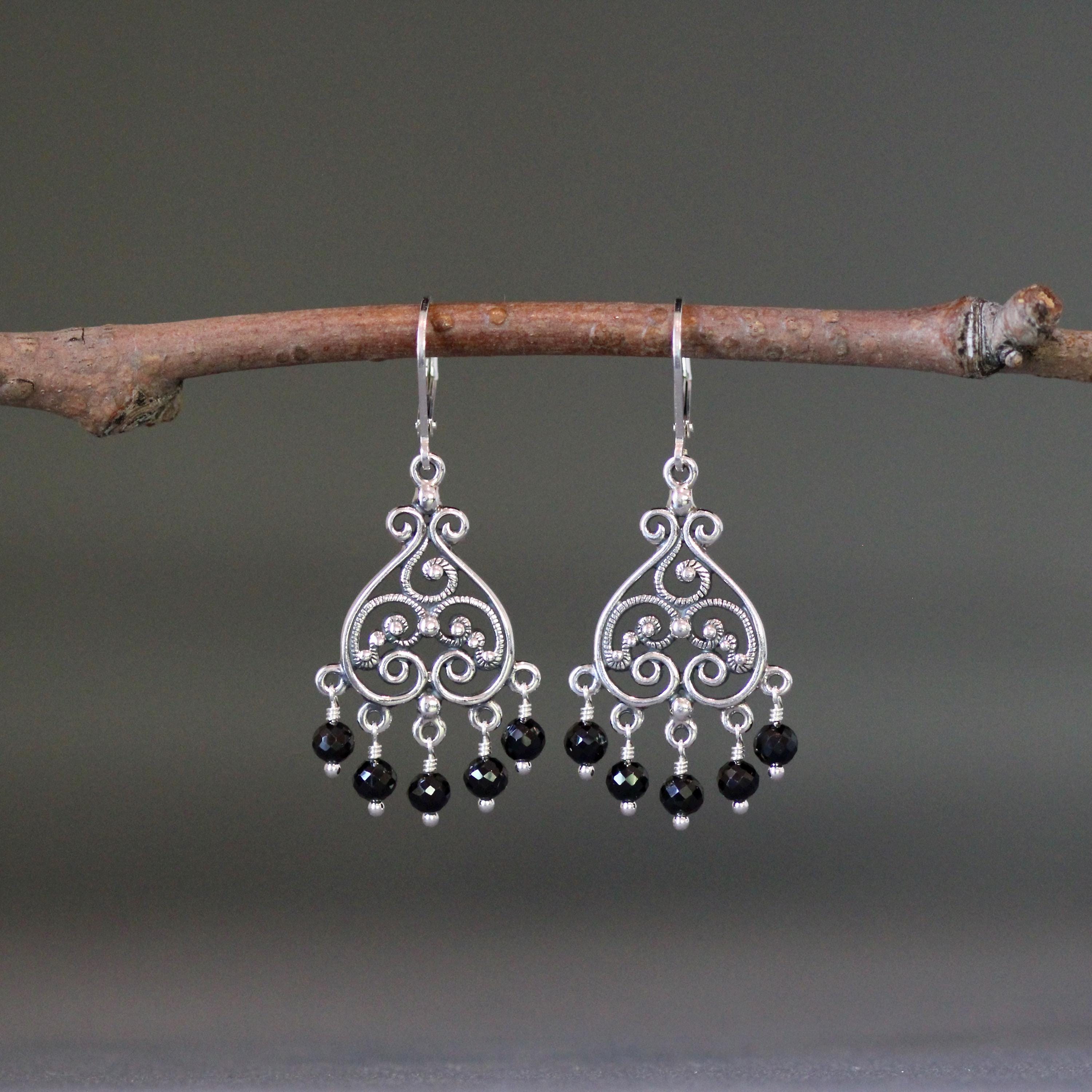 Black Spinel and Bali Silver Filigree Chandelier Earrings