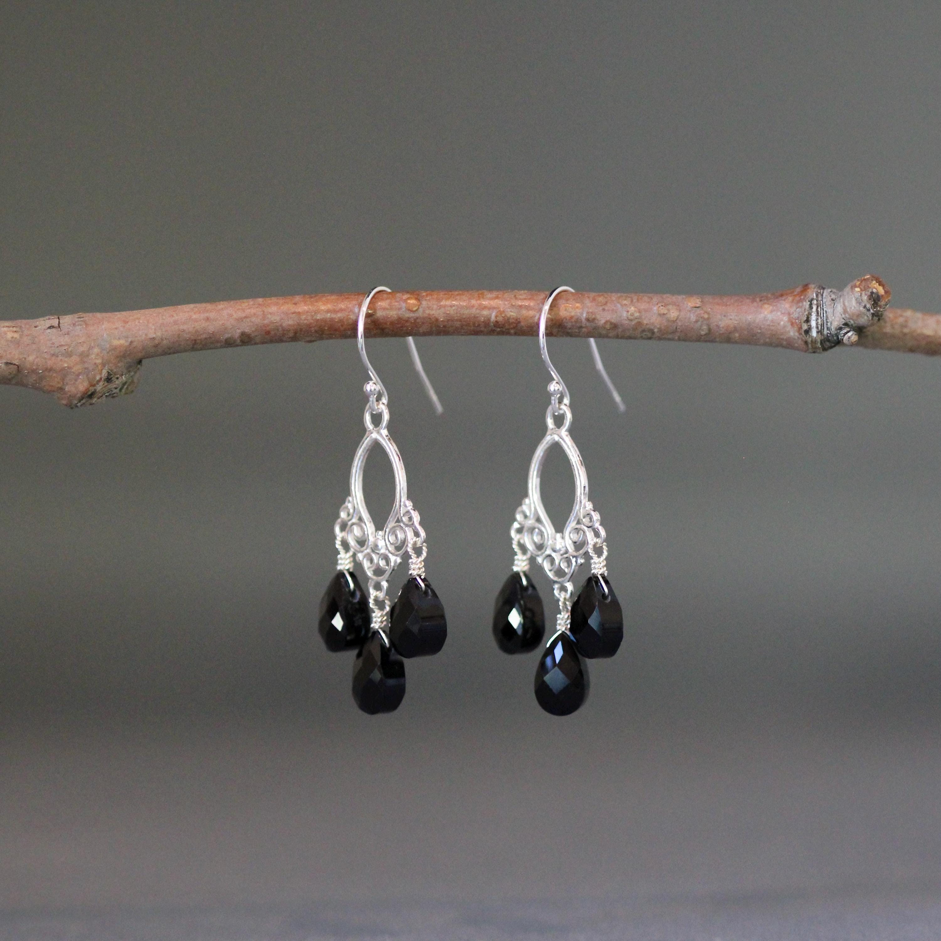 Black Onyx Bali Silver Chandelier Earrings