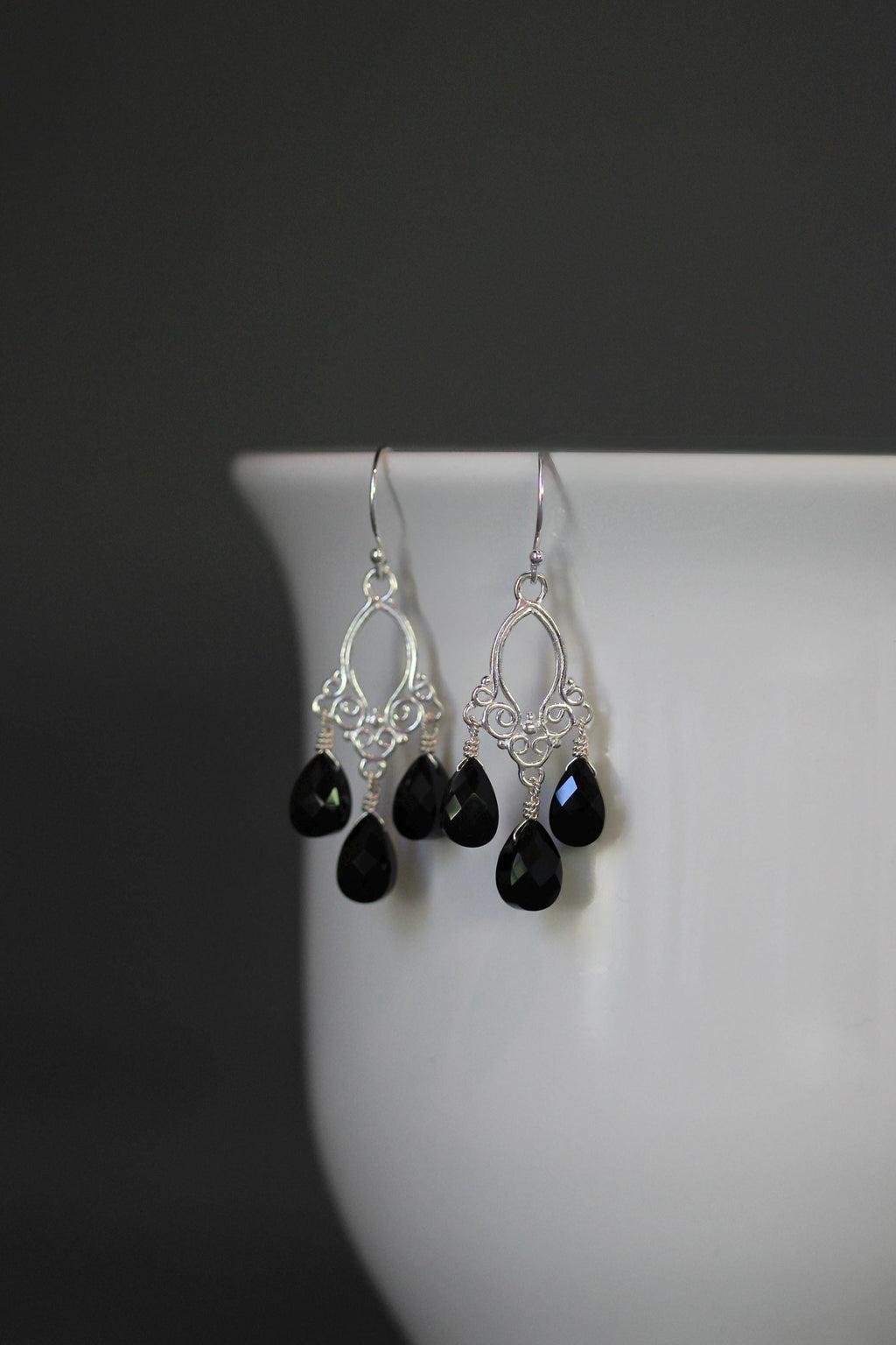 Black Onyx Bali Silver Chandelier Earrings