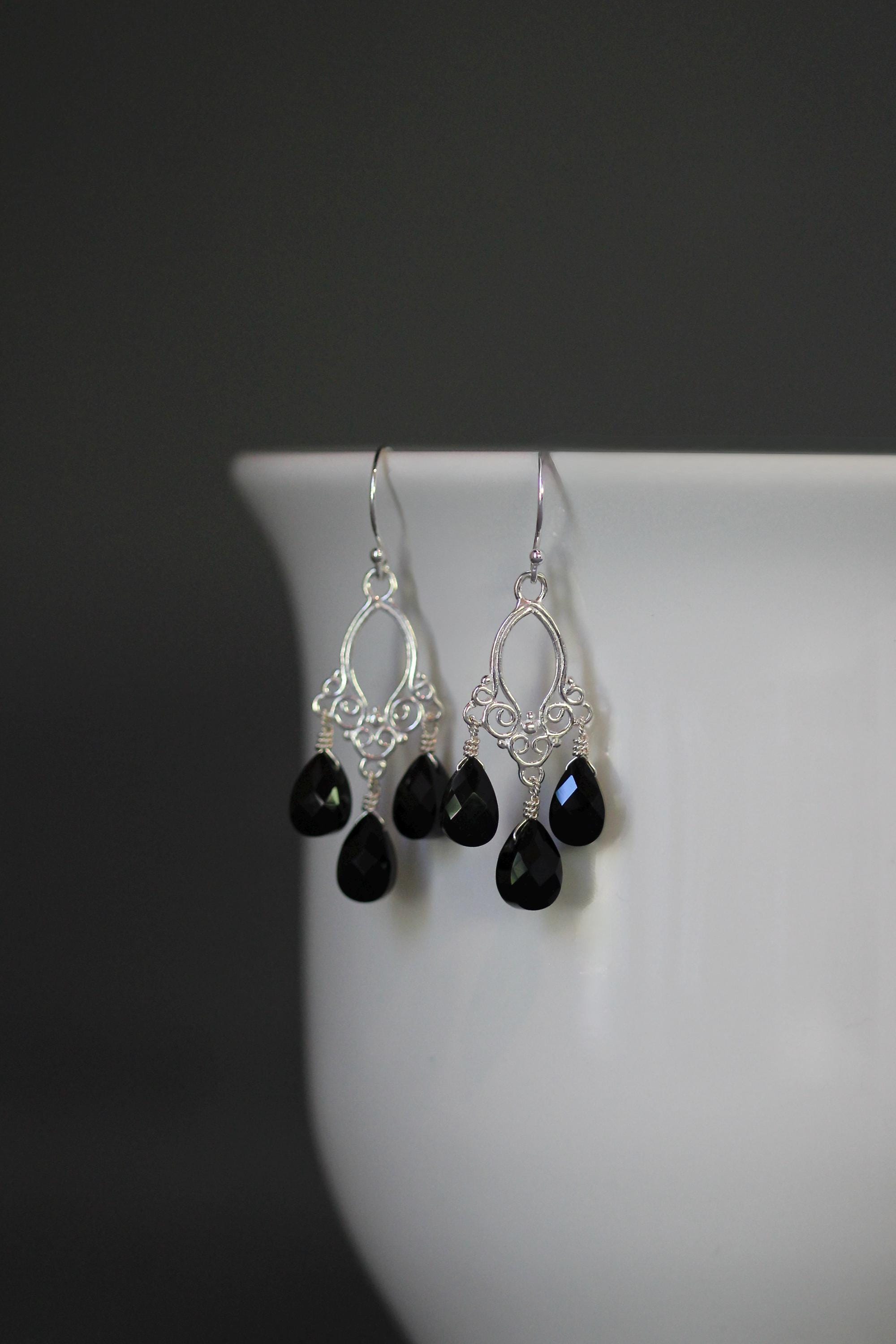 Black Onyx Bali Silver Chandelier Earrings