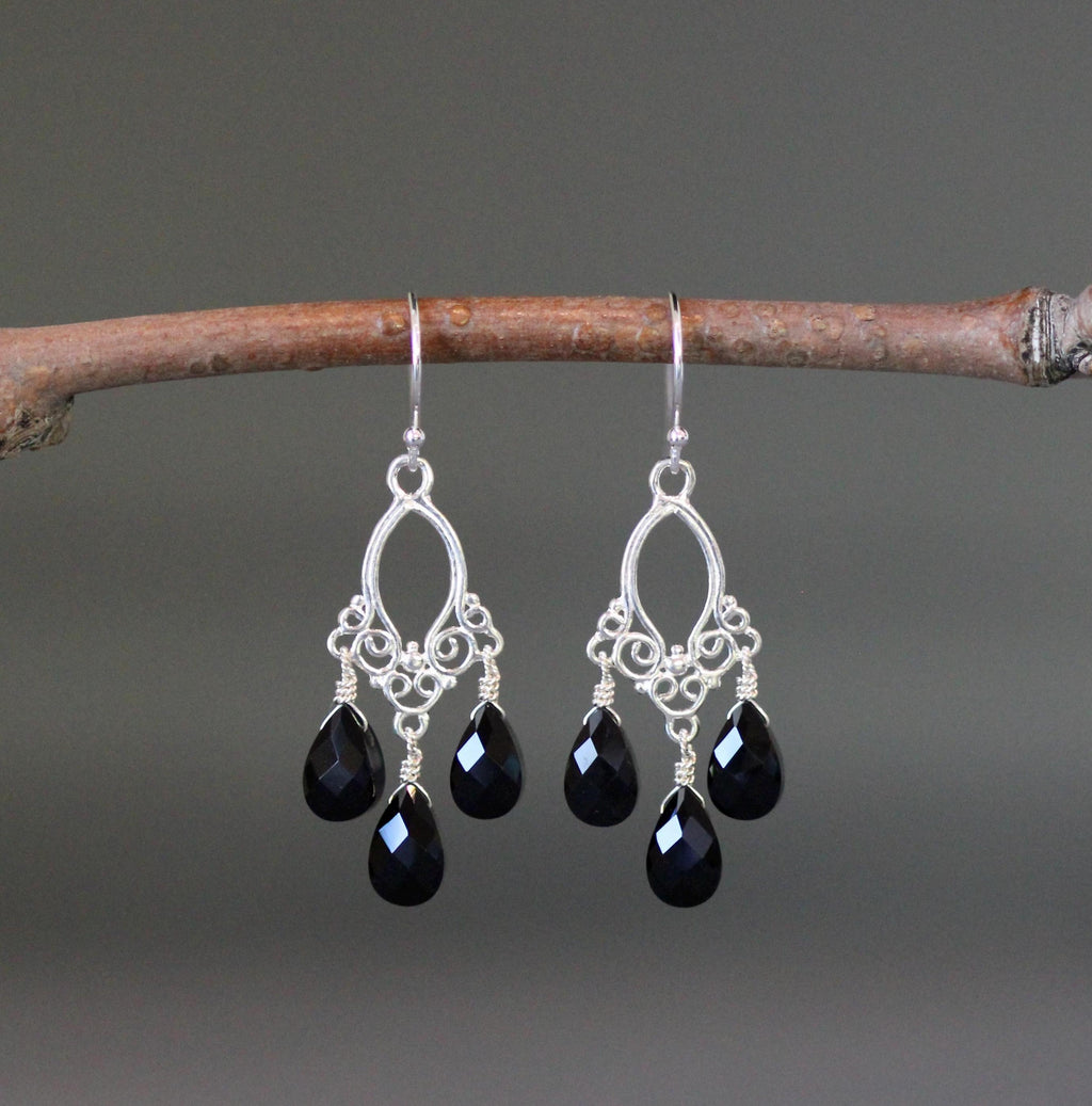 Black Onyx Bali Silver Chandelier Earrings