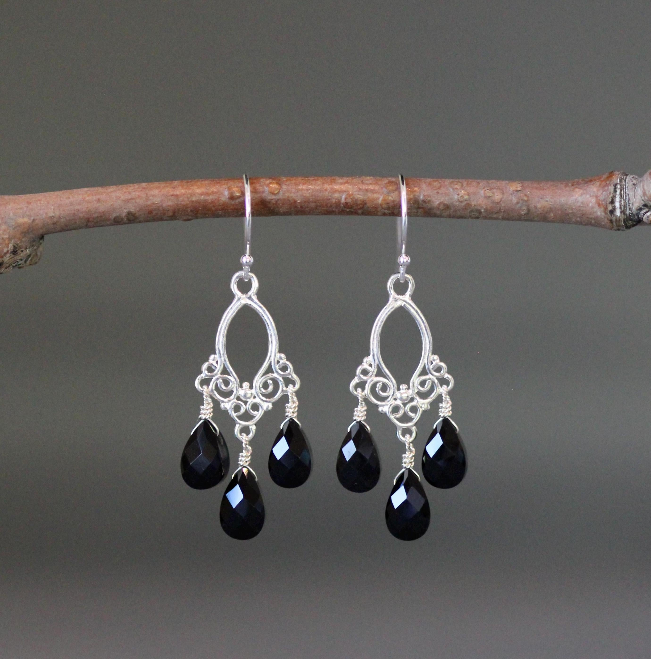 Black Onyx Bali Silver Chandelier Earrings