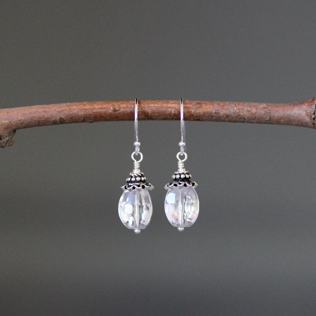 Quartz Crystal Dangle Earrings with Bali Sterling Silver Caps