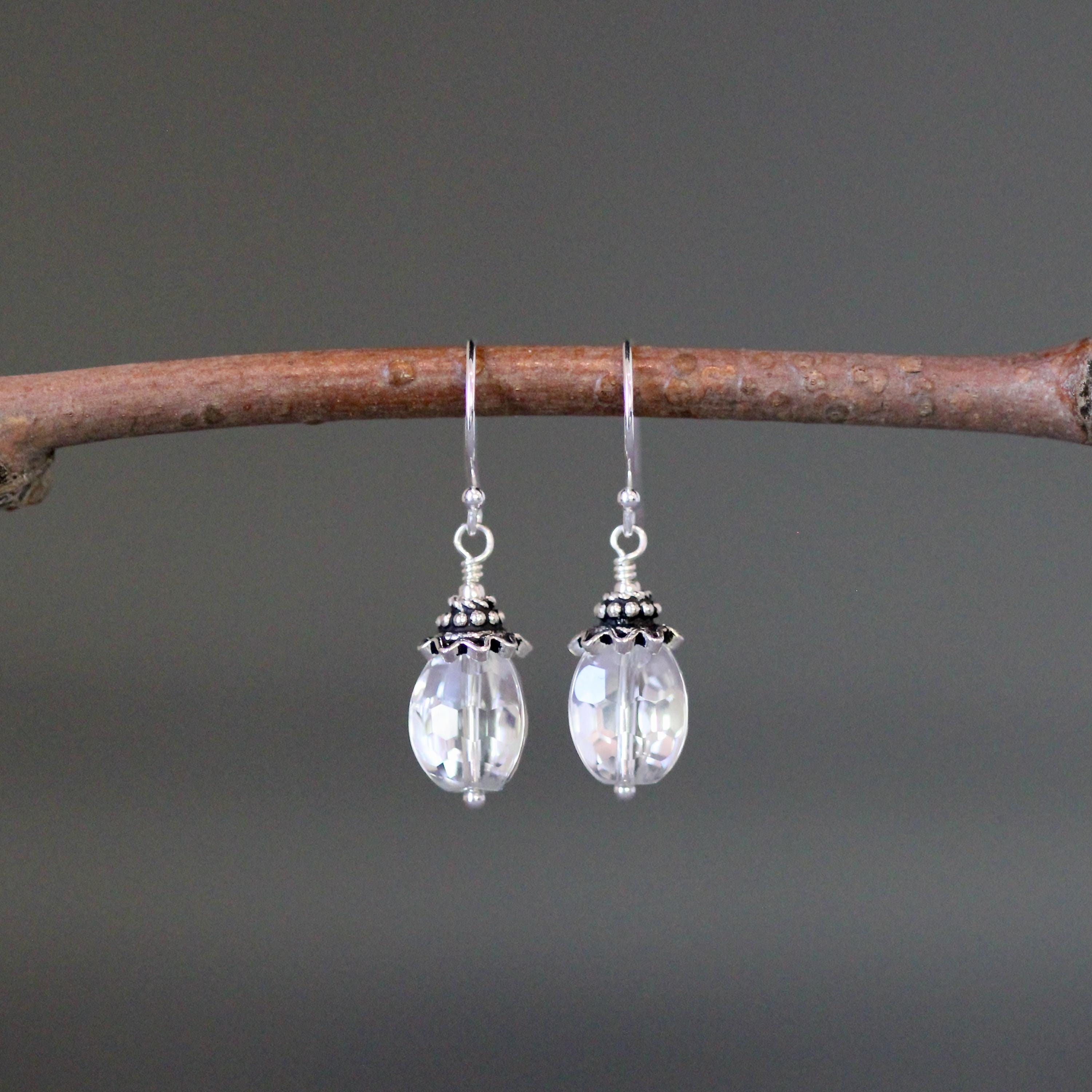 Quartz Crystal Dangle Earrings with Bali Sterling Silver Caps