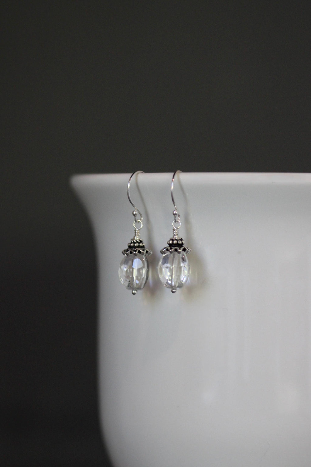 Quartz Crystal Dangle Earrings with Bali Sterling Silver Caps