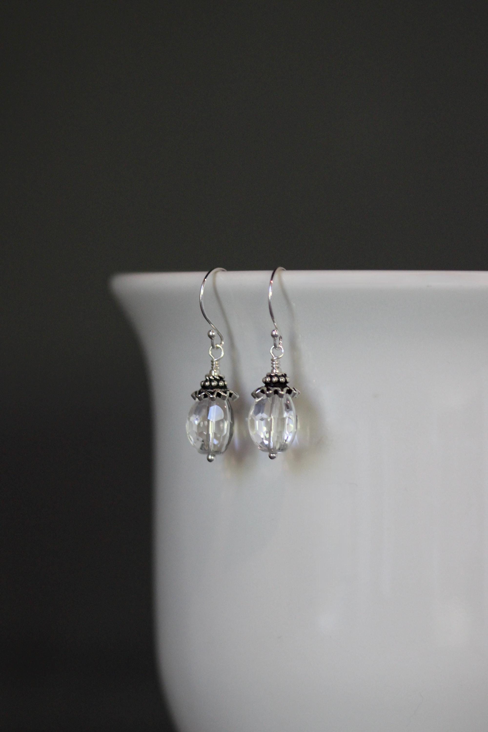 Quartz Crystal Dangle Earrings with Bali Sterling Silver Caps