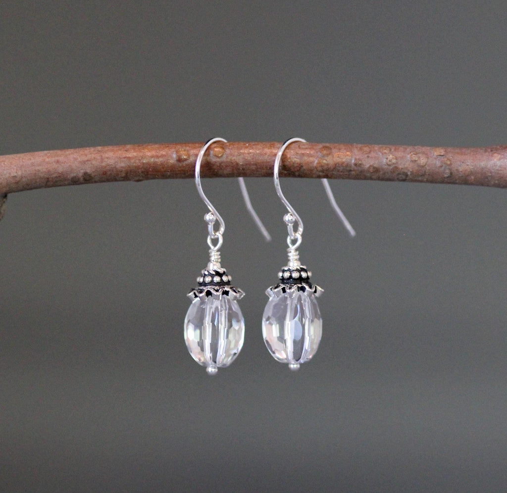Quartz Crystal Dangle Earrings with Bali Sterling Silver Caps