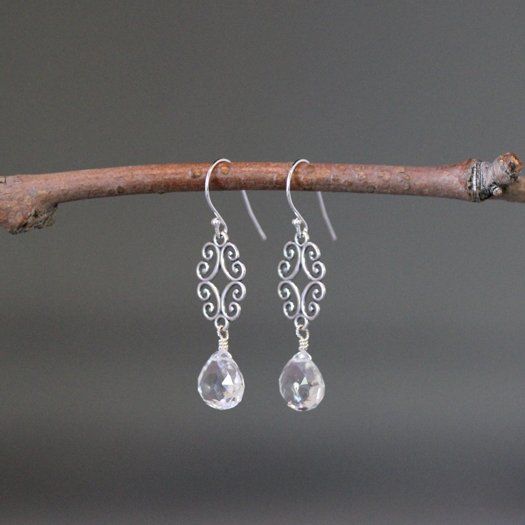Clear Quartz Crystal Teardrop Bali Silver Filigree Earrings