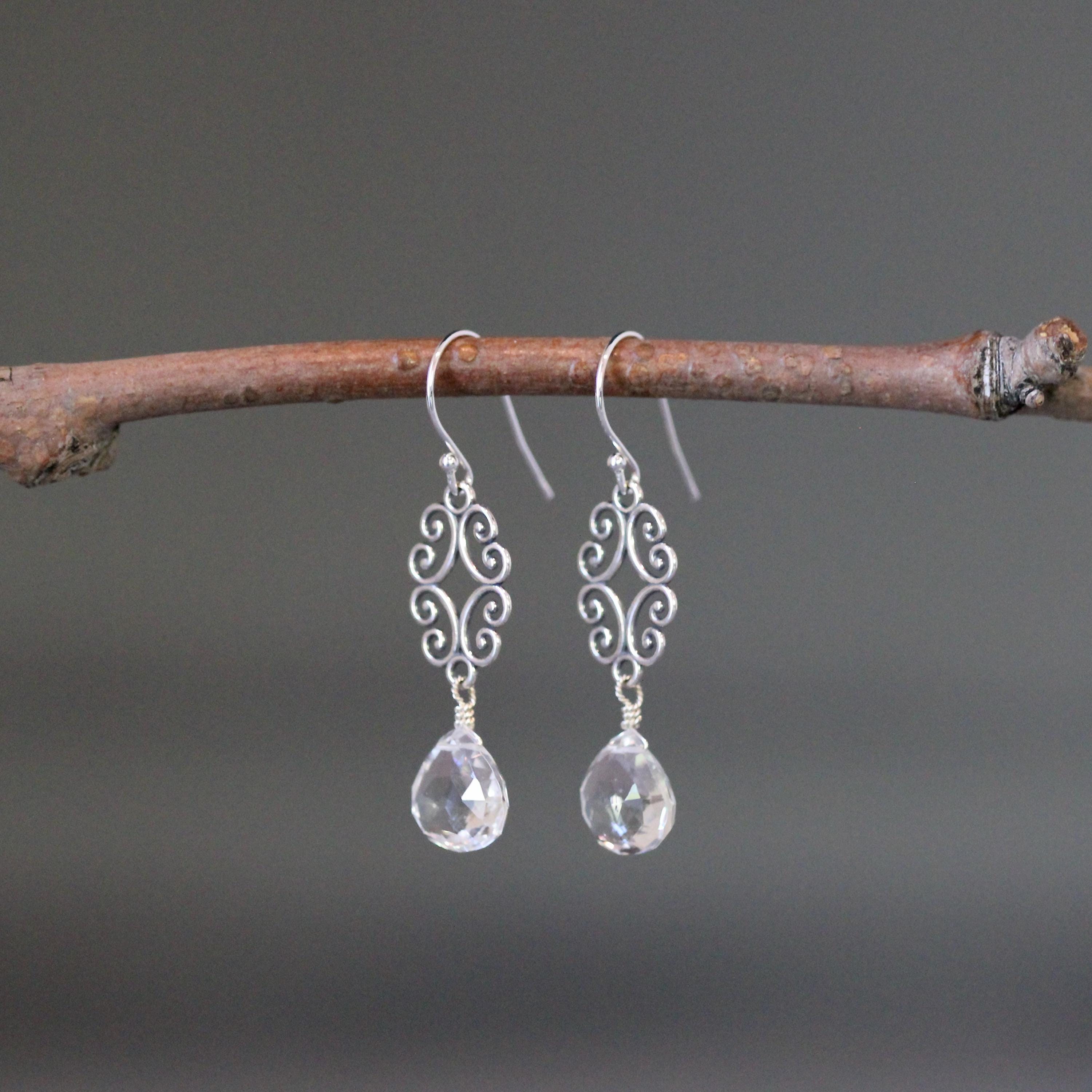 Clear Quartz Crystal Teardrop Bali Silver Filigree Earrings