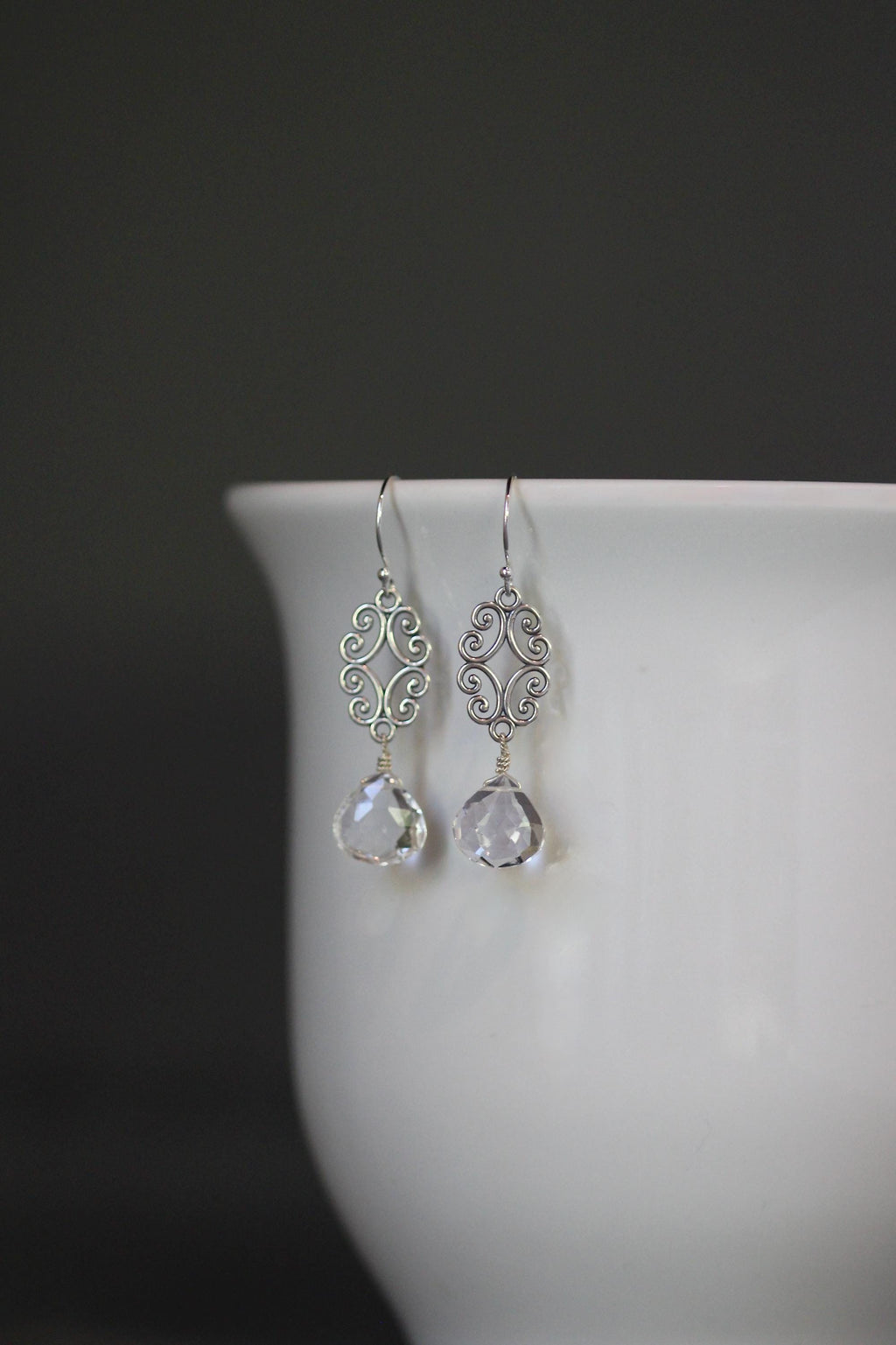 Clear Quartz Crystal Teardrop Bali Silver Filigree Earrings
