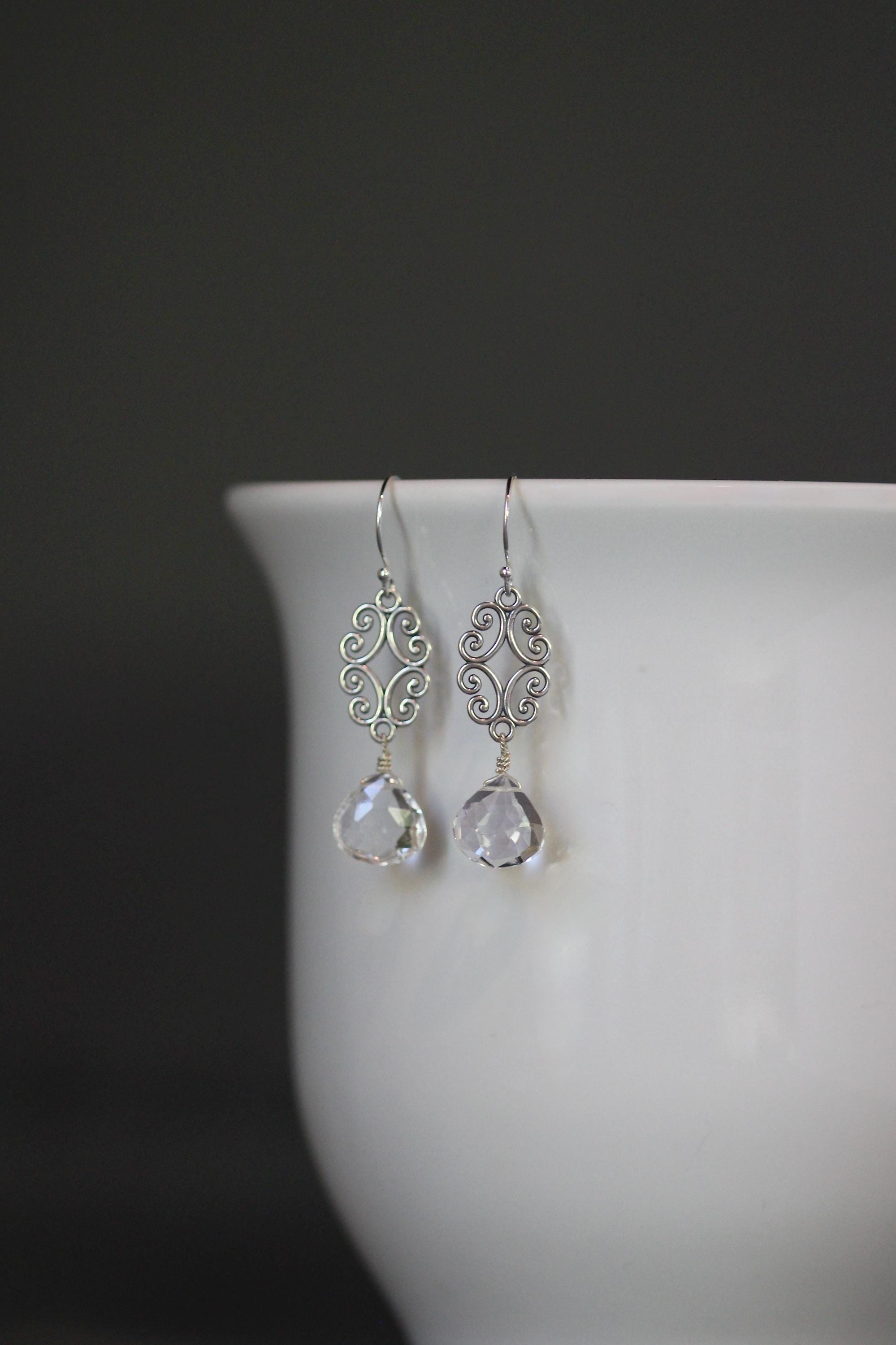 Clear Quartz Crystal Teardrop Bali Silver Filigree Earrings