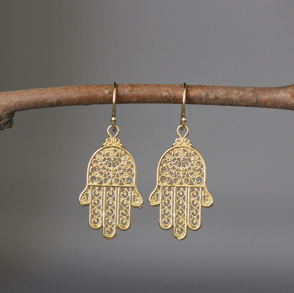 Gold Vermeil Bali Filigree Hamsa Dangle Earrings