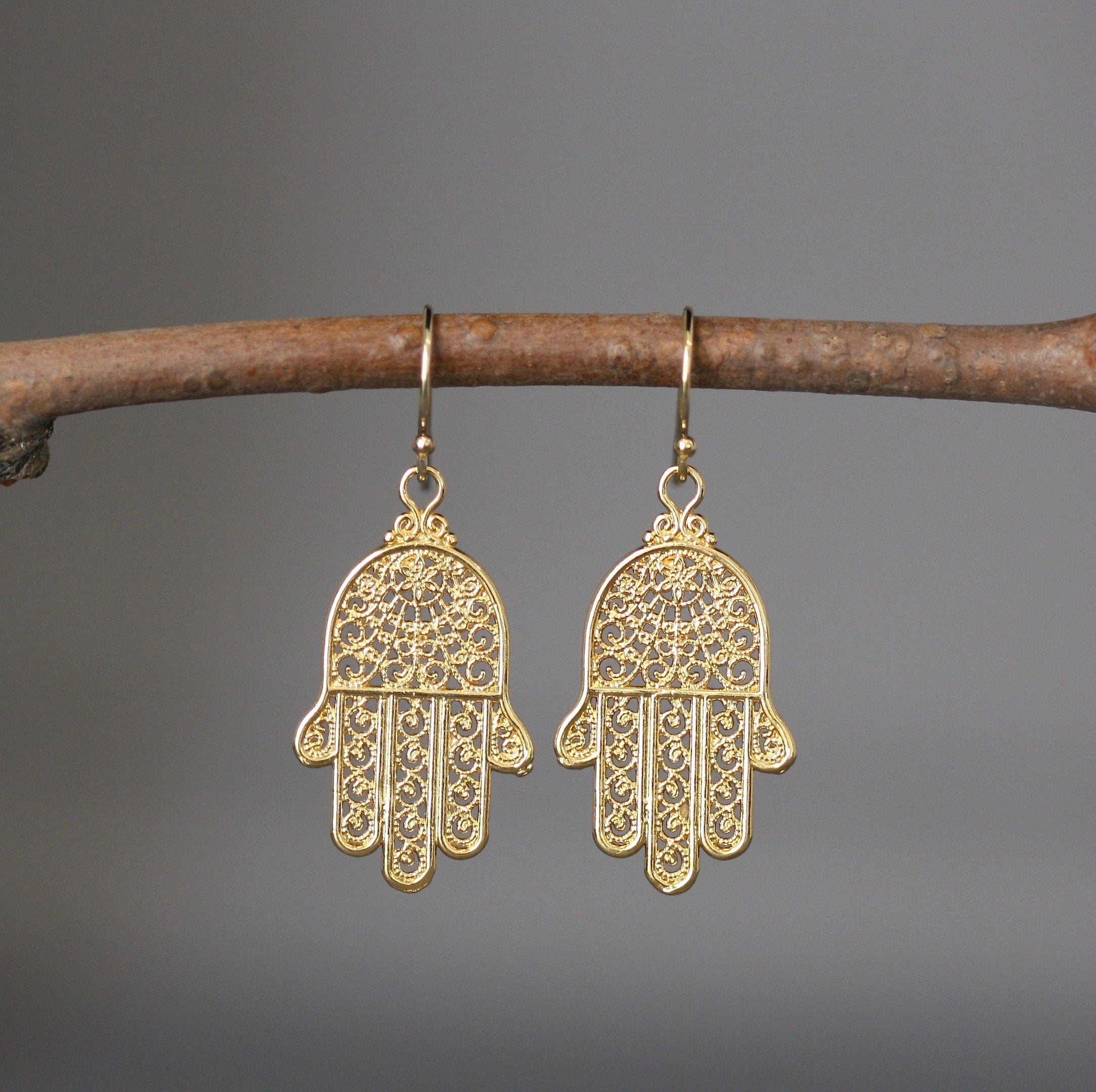 Gold Vermeil Bali Filigree Hamsa Dangle Earrings