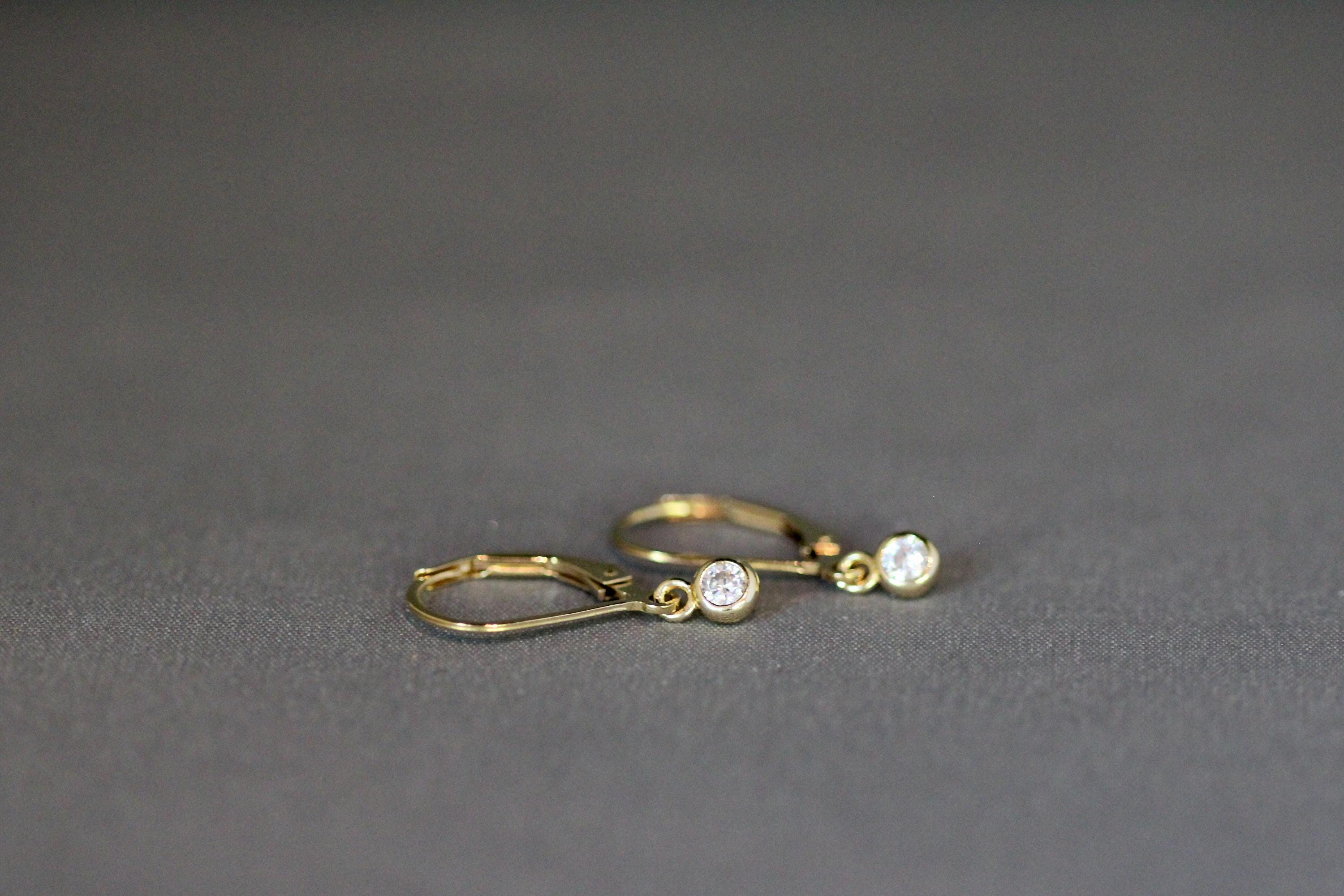 Clear Cubic Zirconia Bezel Dangle Earrings on Gold Filled Leverbacks