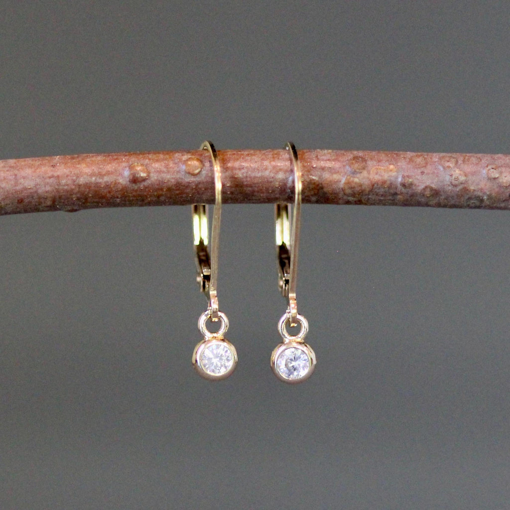Clear Cubic Zirconia Bezel Dangle Earrings on Gold Filled Leverbacks