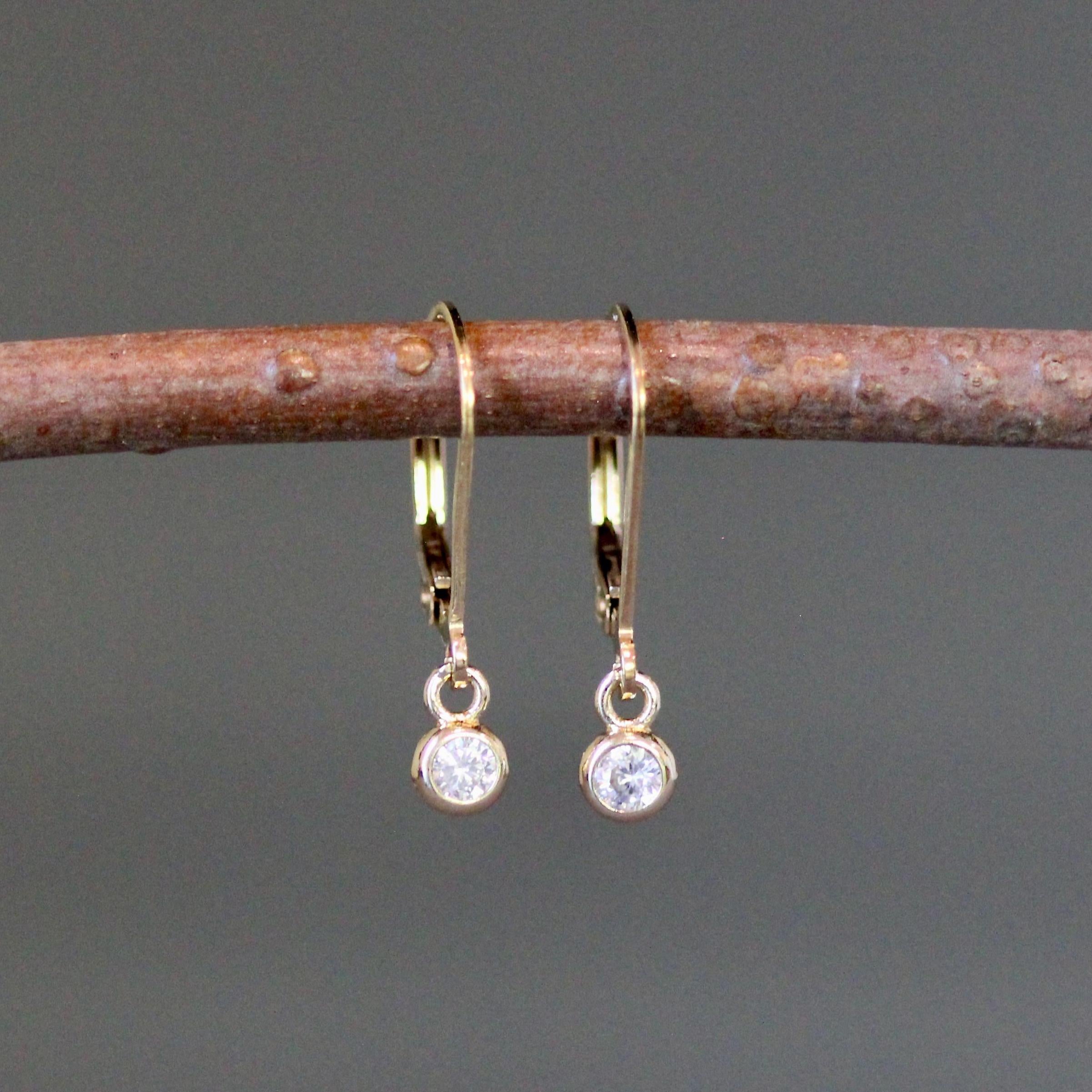 Clear Cubic Zirconia Bezel Dangle Earrings on Gold Filled Leverbacks