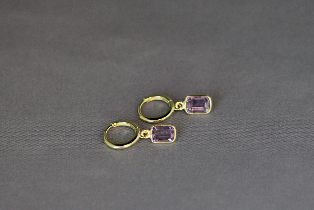 Amethyst Emerald Cut Dangle Earrings on Gold Vermeil Huggie Hoops