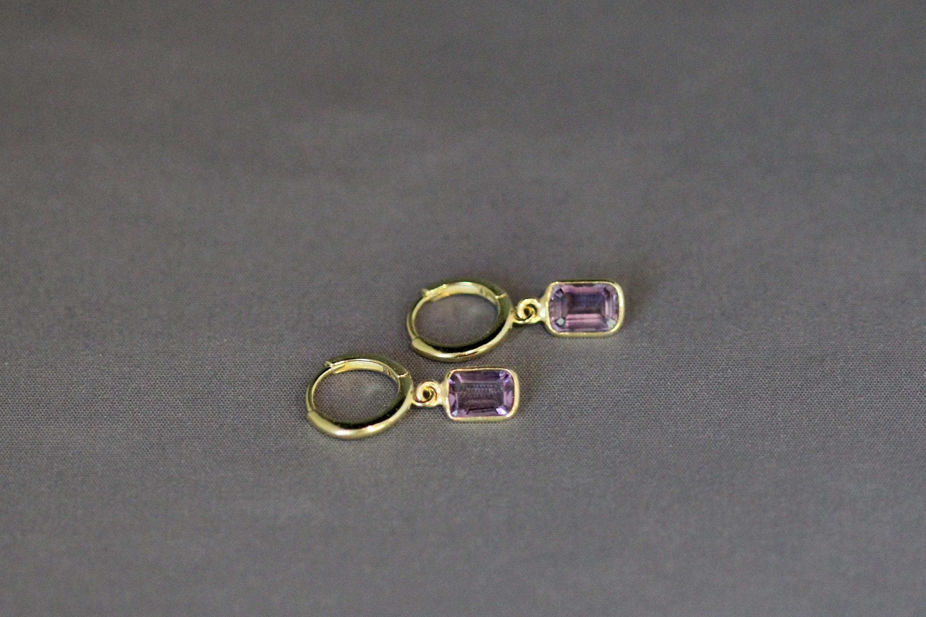 Amethyst Emerald Cut Dangle Earrings on Gold Vermeil Huggie Hoops
