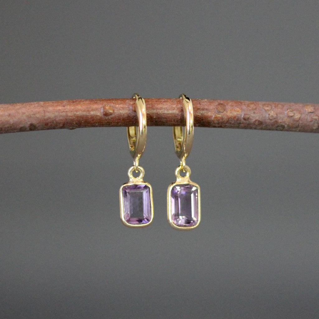 Amethyst Emerald Cut Dangle Earrings on Gold Vermeil Huggie Hoops