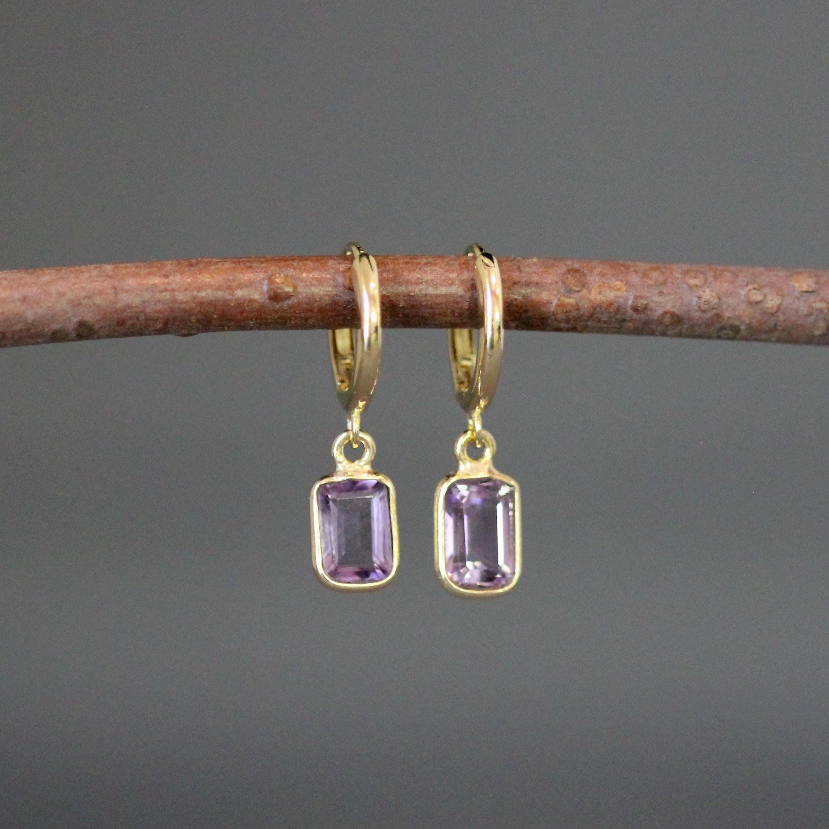 Amethyst Emerald Cut Dangle Earrings on Gold Vermeil Huggie Hoops