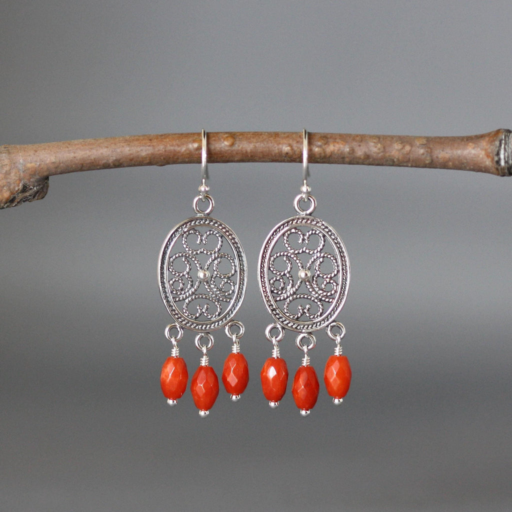 Red Coral Dangle Earrings on Bali Silver Chandelier Links
