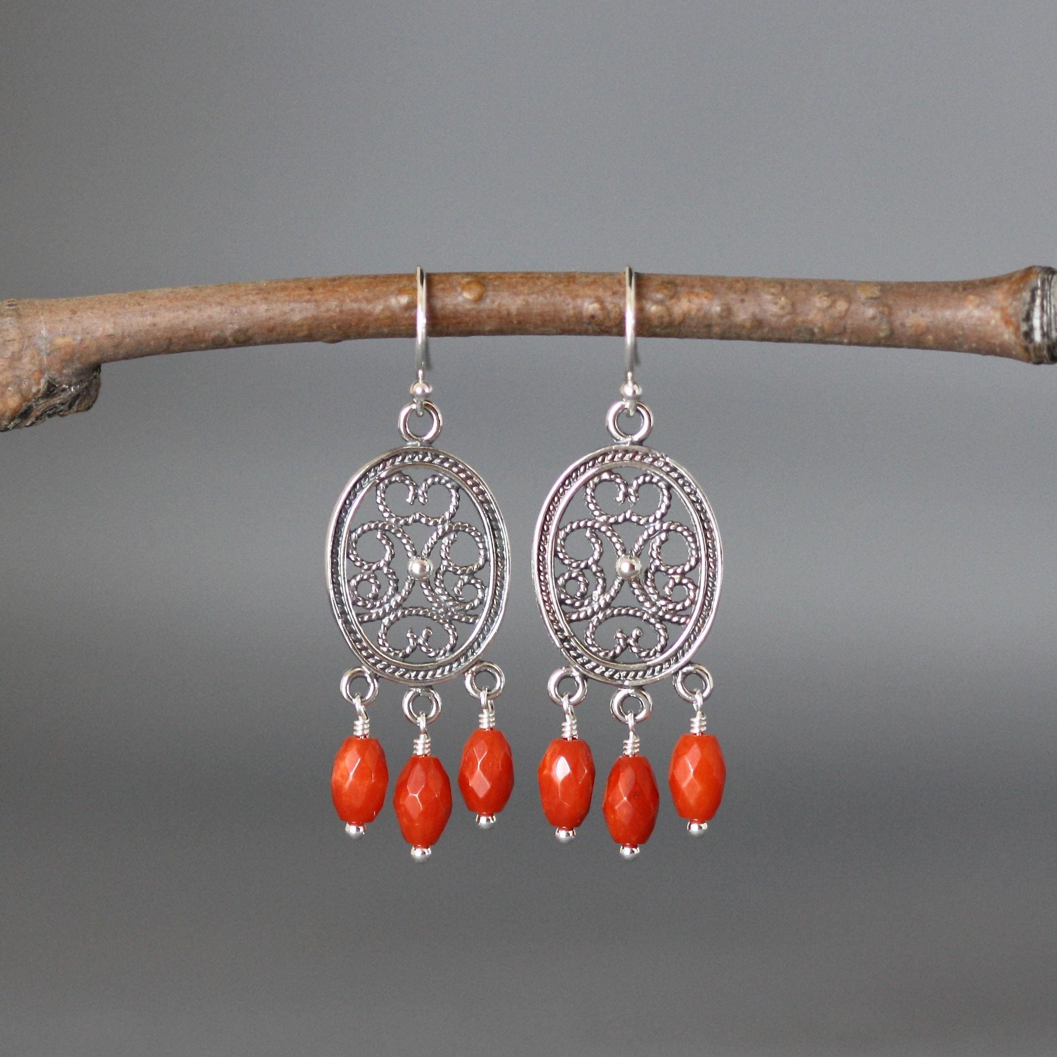 Red Coral Dangle Earrings on Bali Silver Chandelier Links