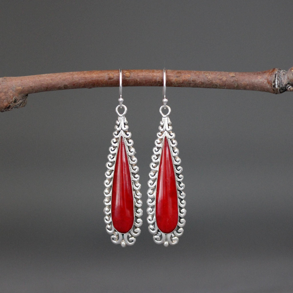 Red Coral Bezel Earrings on Long Bali Sterling Silver Filigree Links
