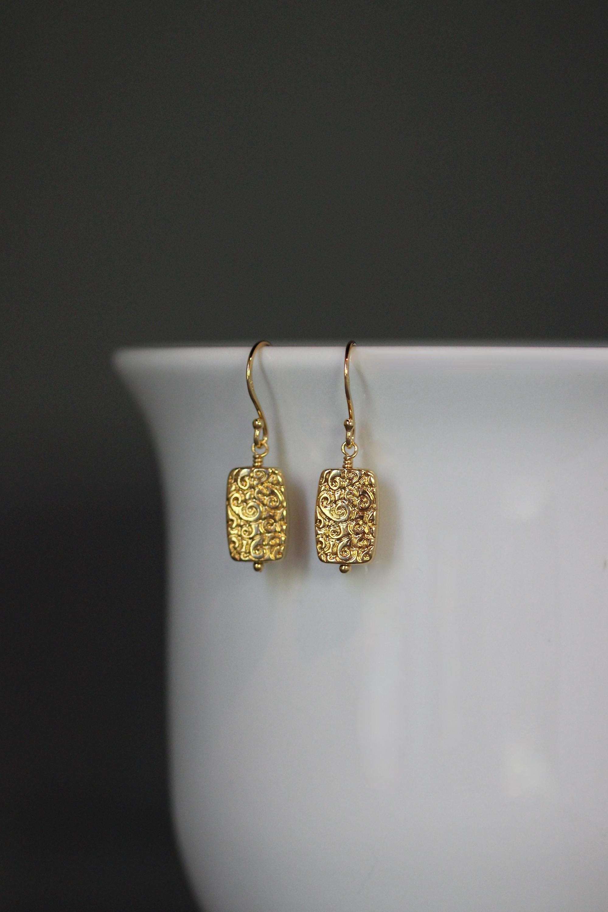 Gold Vermeil Filigree Rectangle Dangle Earrings