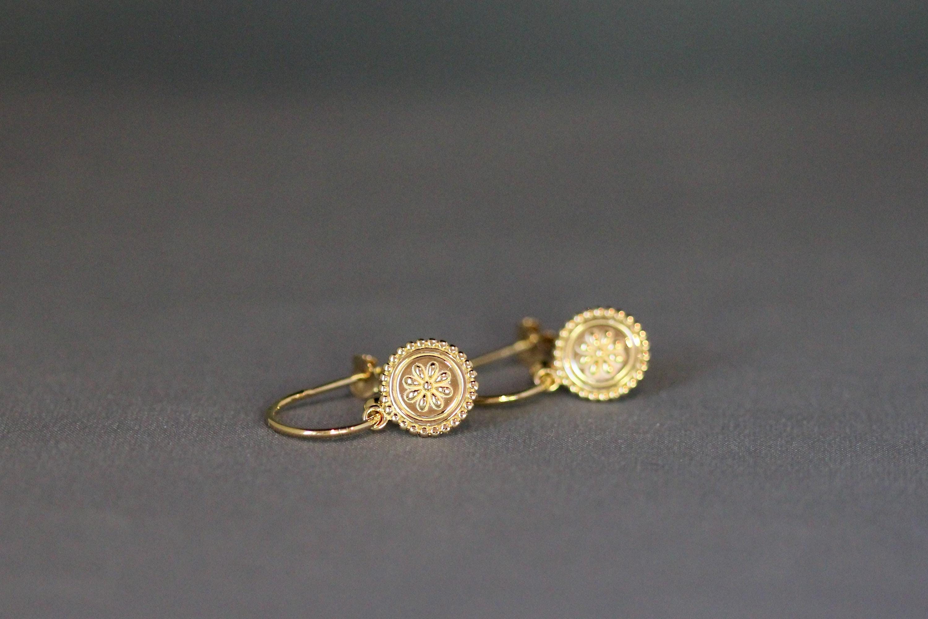Gold Vermeil Medallion Flower Earrings on Post Hoops
