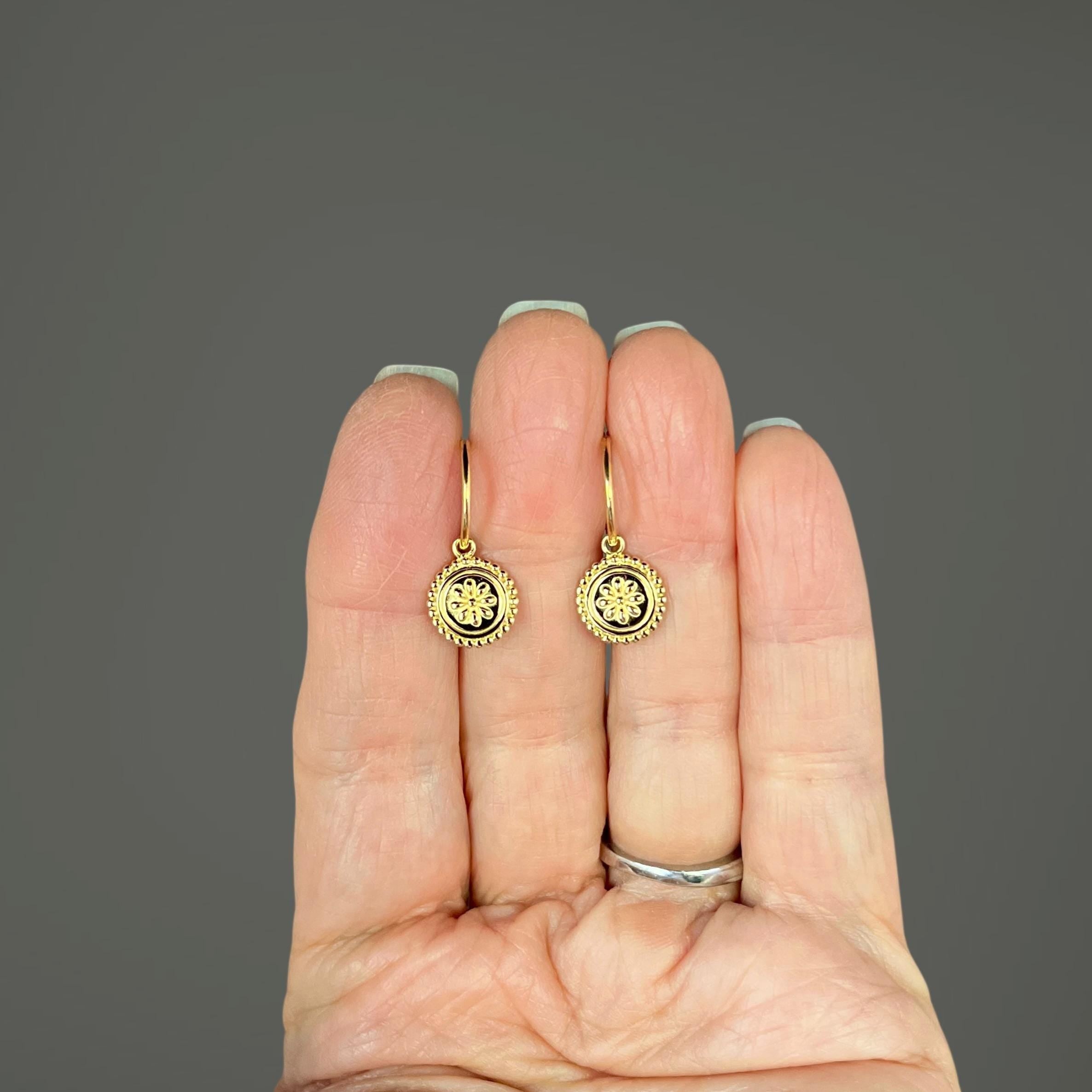 Gold Vermeil Medallion Flower Earrings on Post Hoops