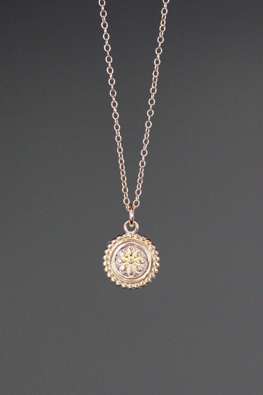Small Gold Vermeil Floral Medallion Pendant Necklace on Gold Filled Chain
