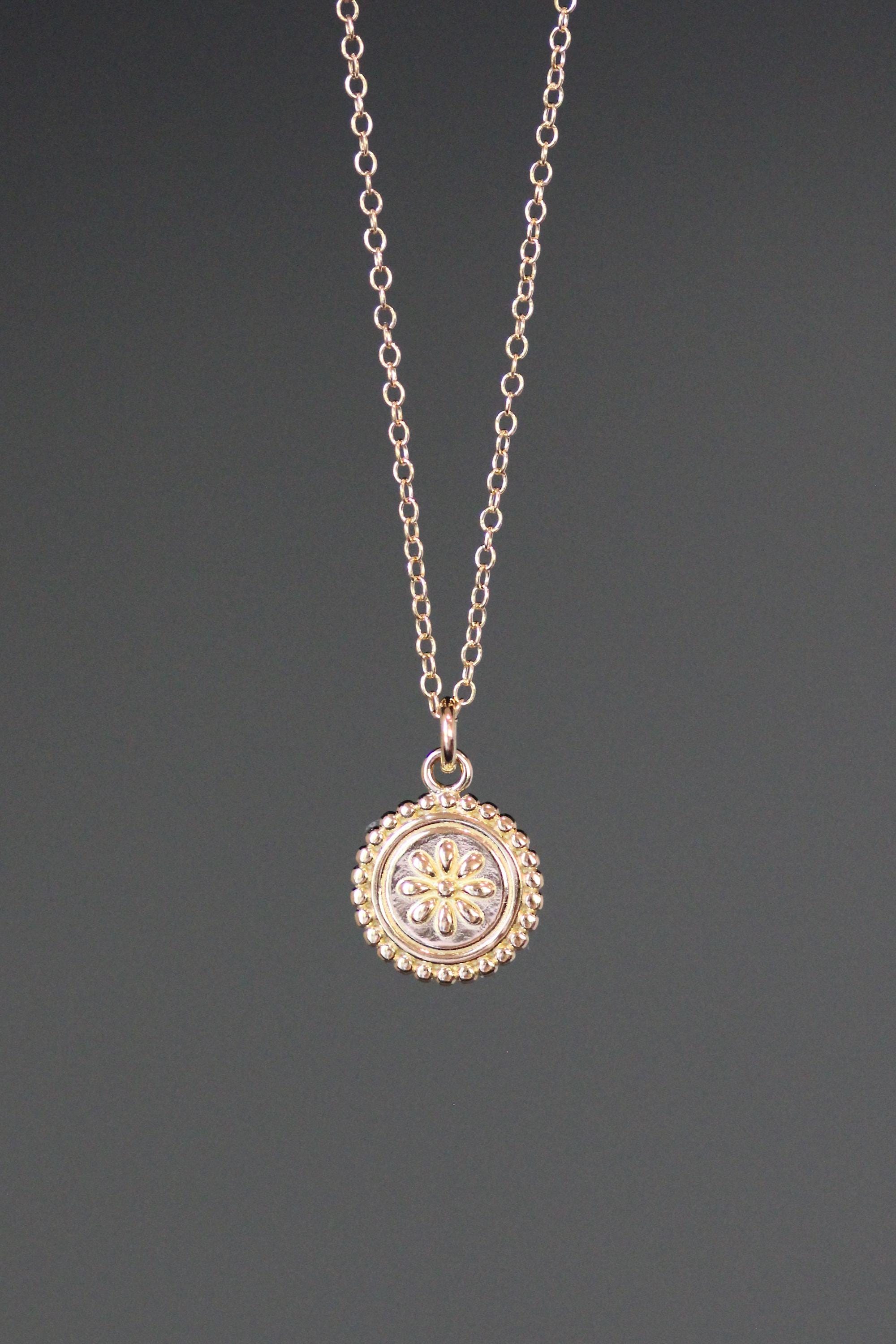 Small Gold Vermeil Floral Medallion Pendant Necklace on Gold Filled Chain