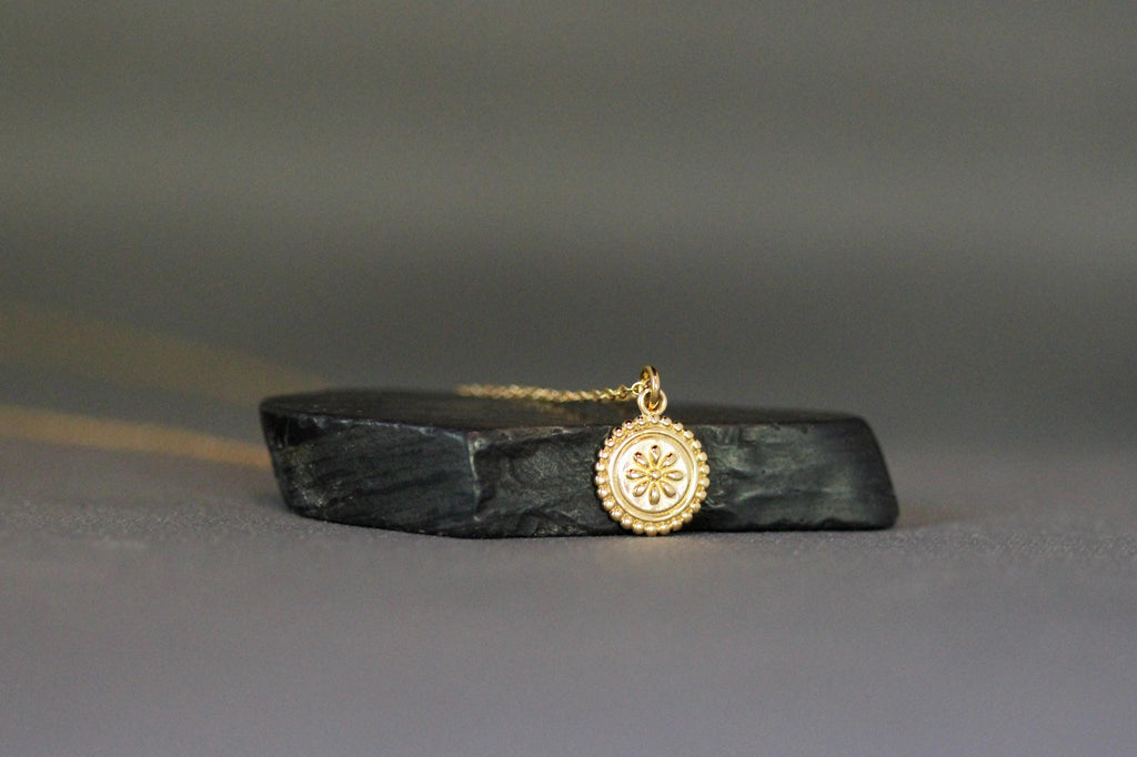 Small Gold Vermeil Floral Medallion Pendant Necklace on Gold Filled Chain