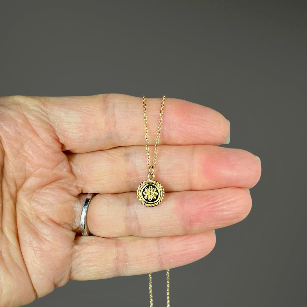Small Gold Vermeil Floral Medallion Pendant Necklace on Gold Filled Chain