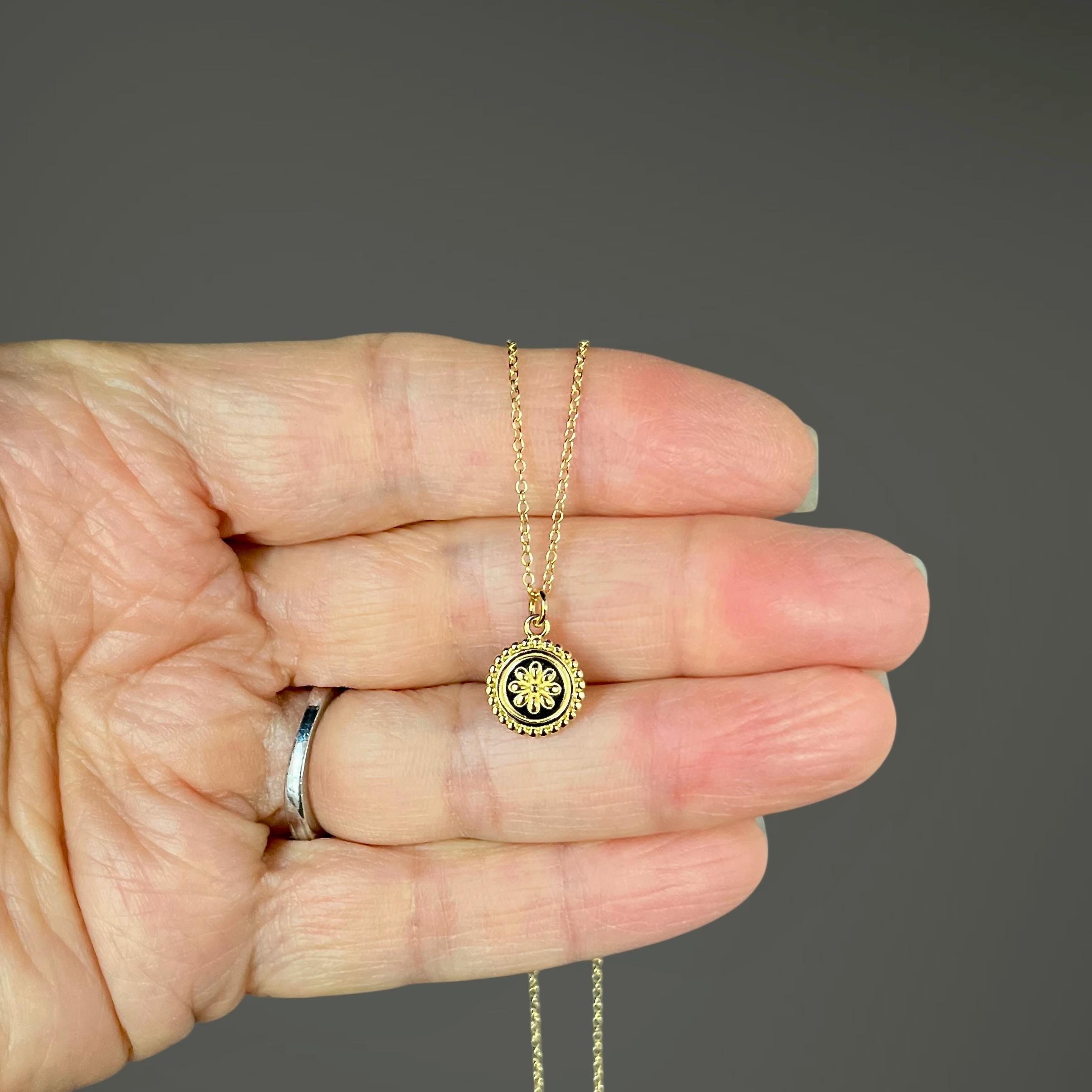 Small Gold Vermeil Floral Medallion Pendant Necklace on Gold Filled Chain