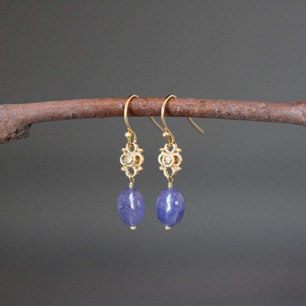 Tanzanite Oval Earrings on Gold Vermeil Filigree Links